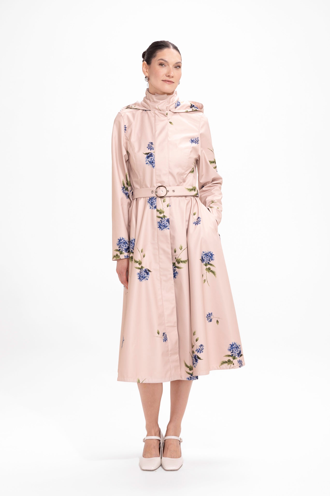 Gentle Bloom beige waterproof women's coat with fit and flare silhouette, front view