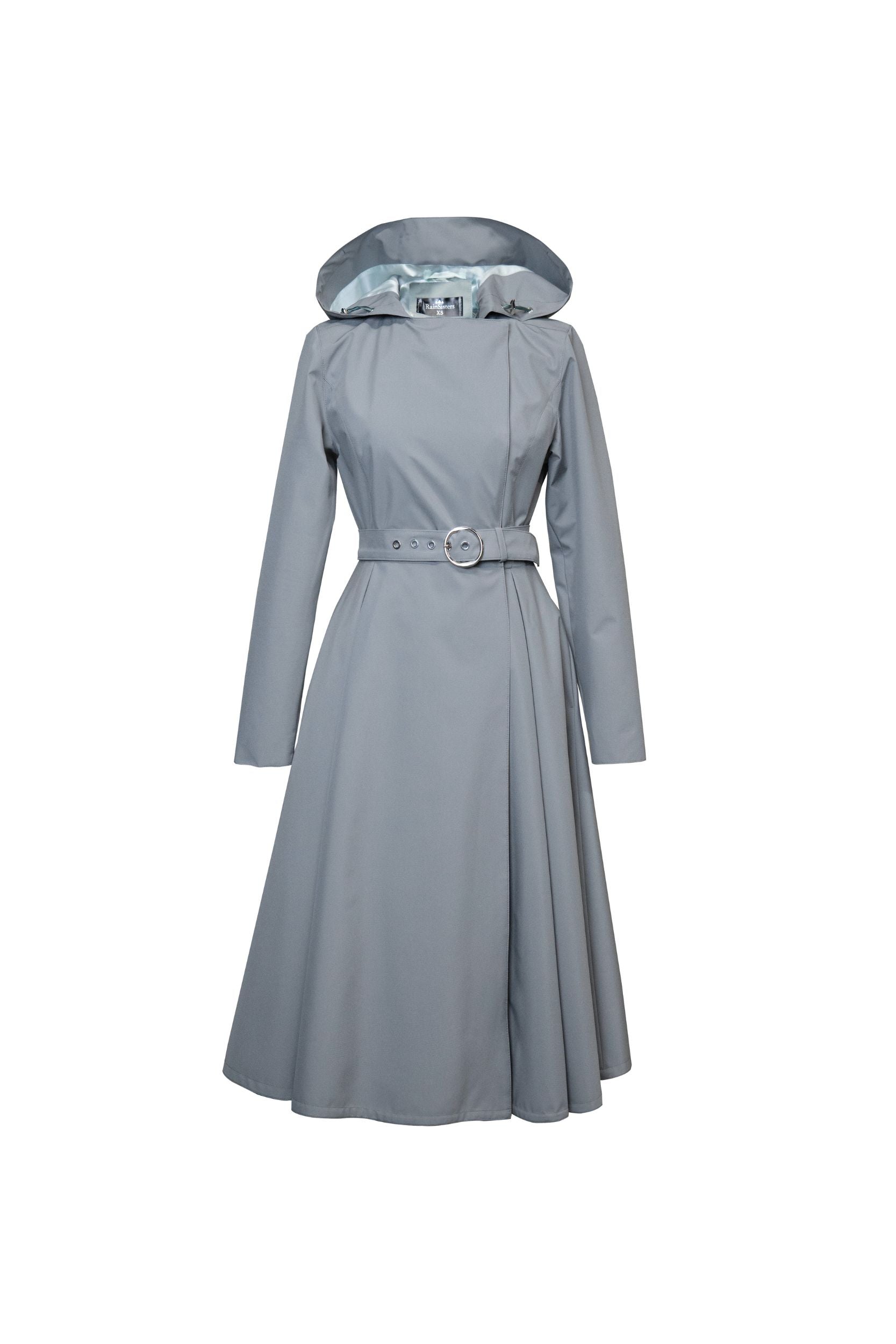 Gray hooded designer coat with a belt on a white background