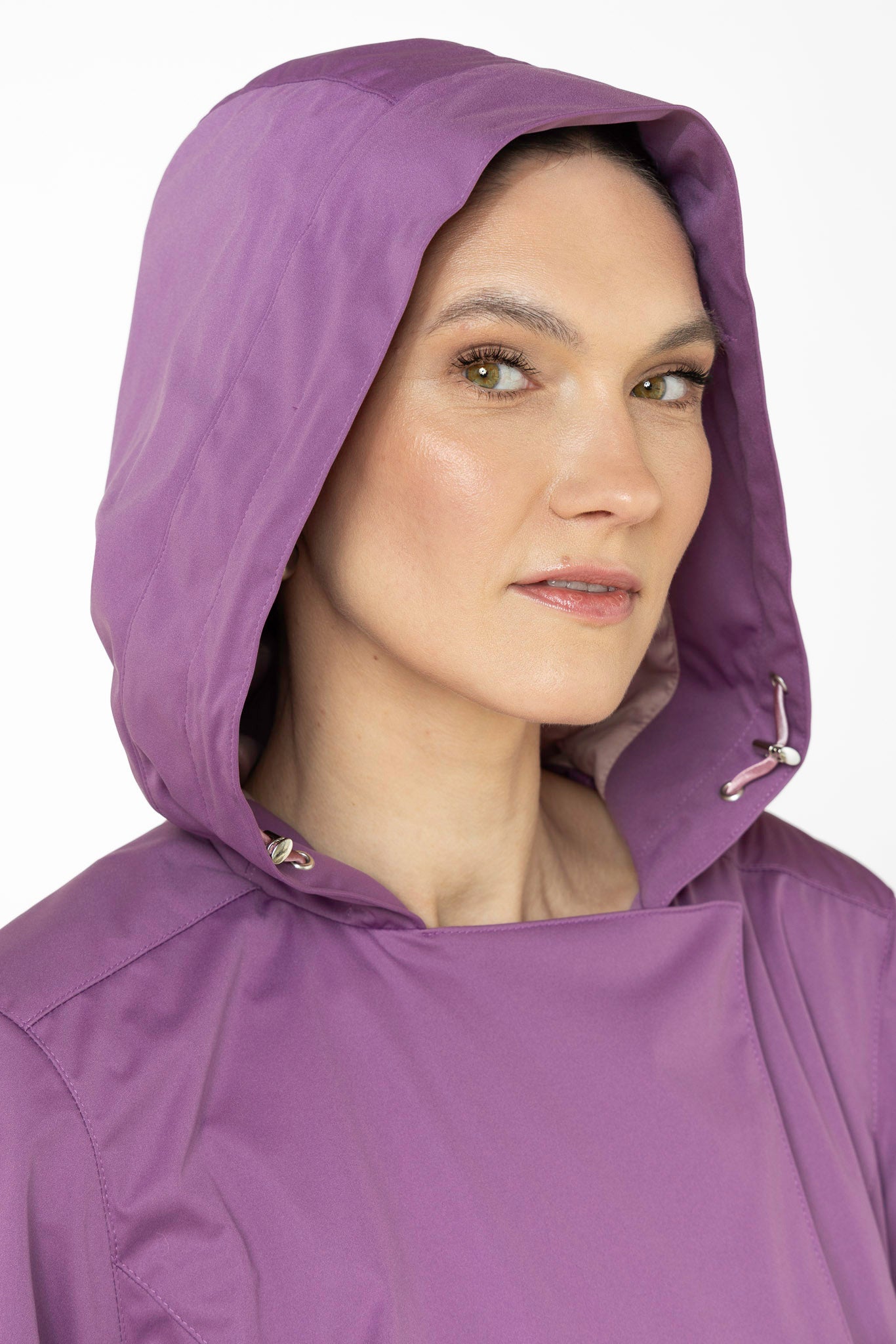 Close-up of hood detail on Lavender Dusk violet waterproof trench coat