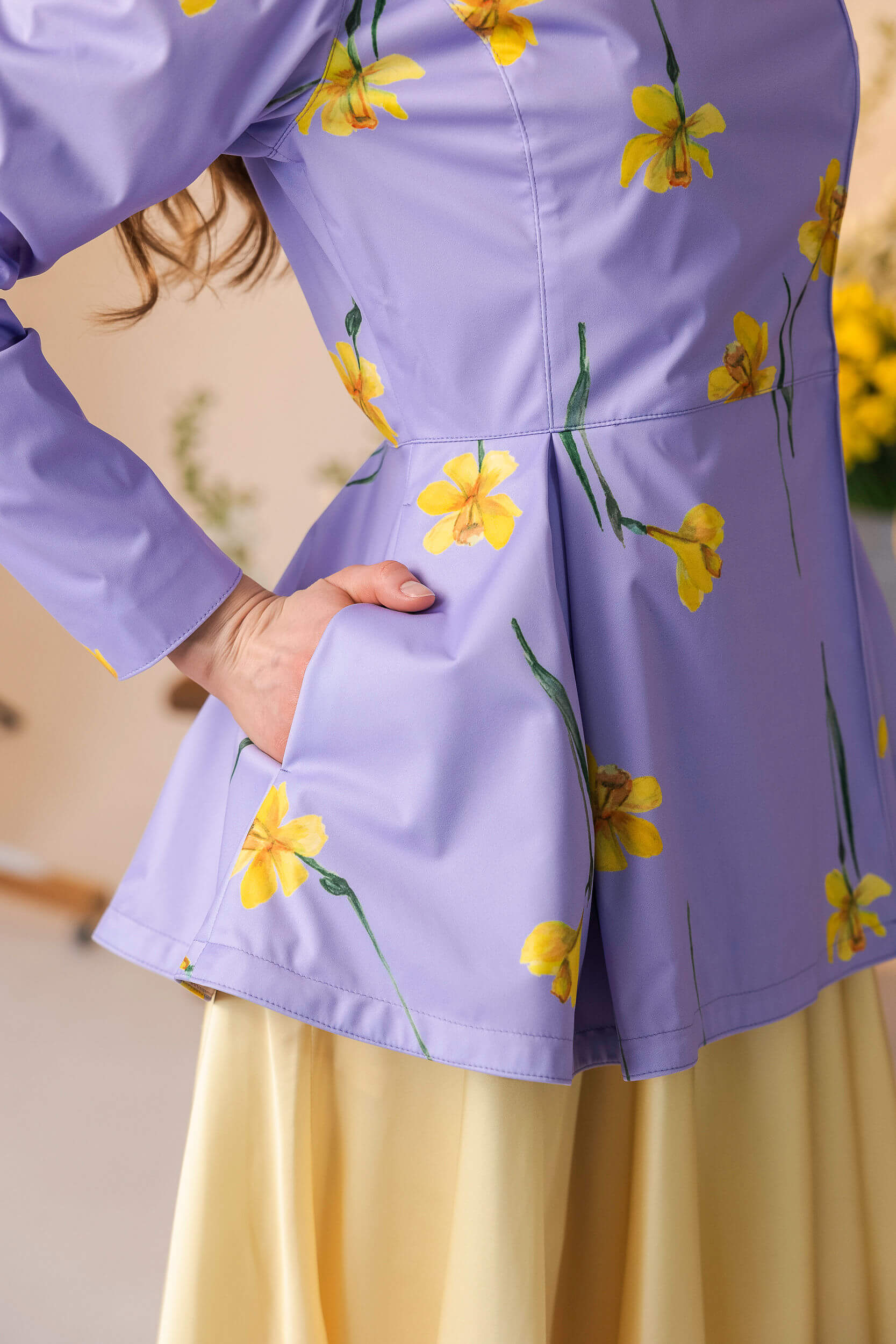 Blazer-inspired violet short coat with detachable hood