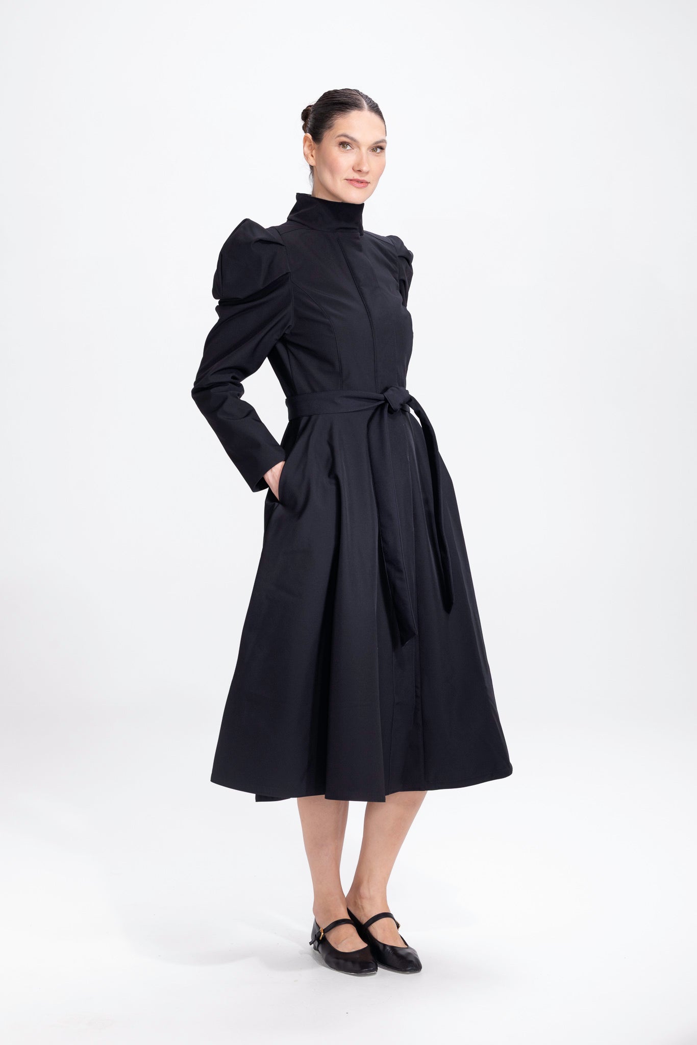 Majestic Night black fit and flare women's coat with balloon sleeves, front view