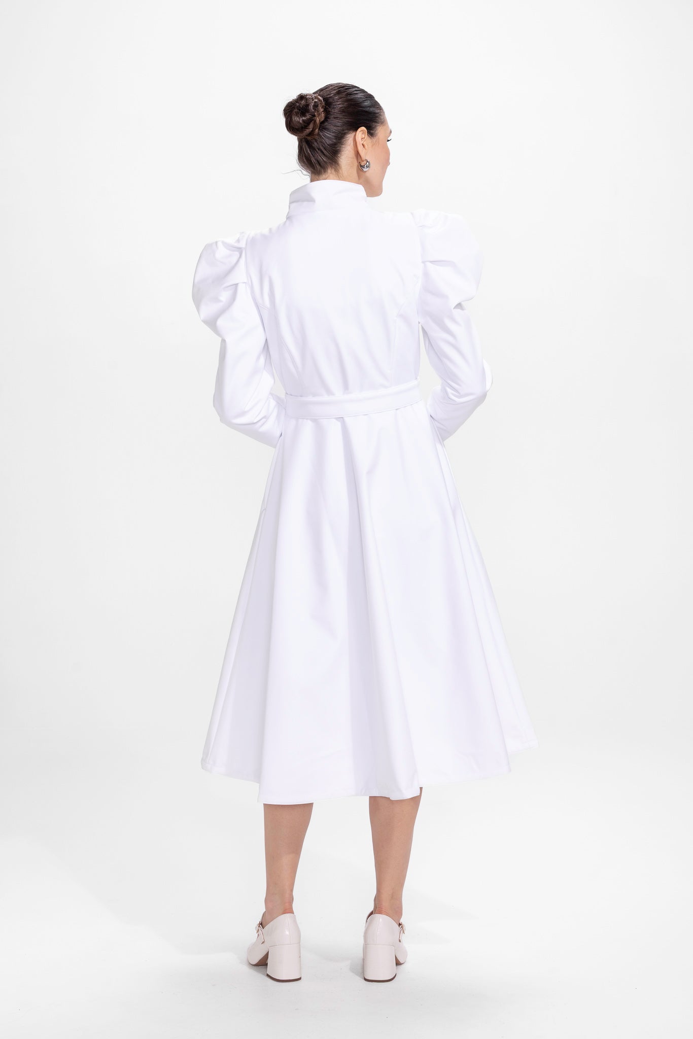 Fit and Flare Coat with Balloon-Styled Sleeves in White | Majestic White