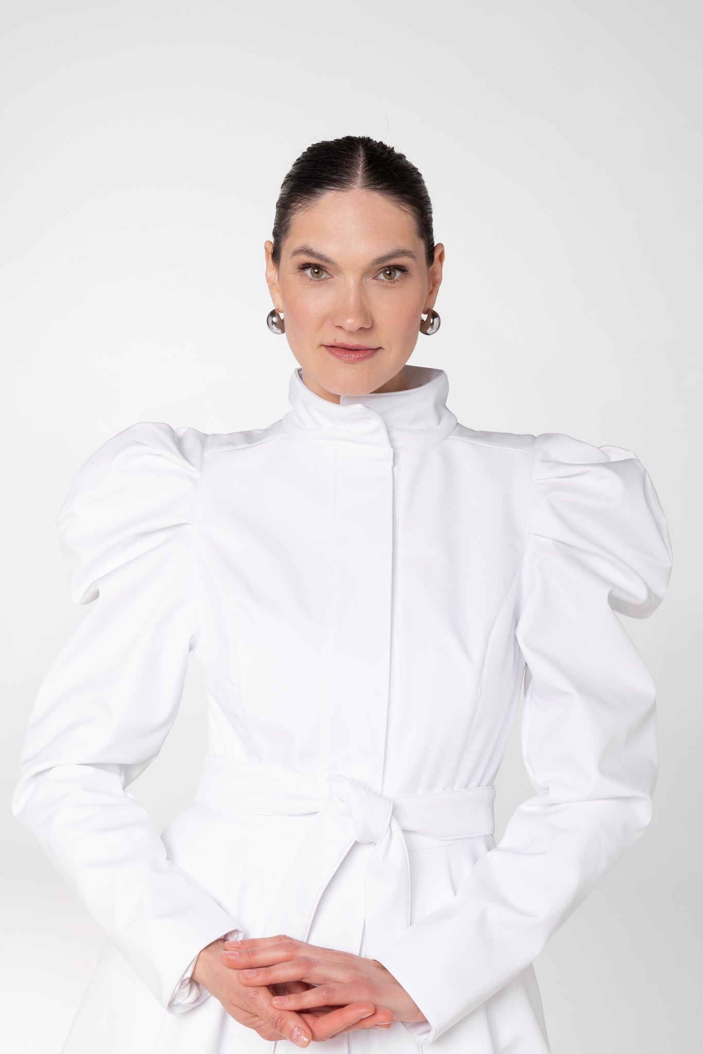 Fit and Flare Coat with Balloon-Styled Sleeves in White | Majestic White