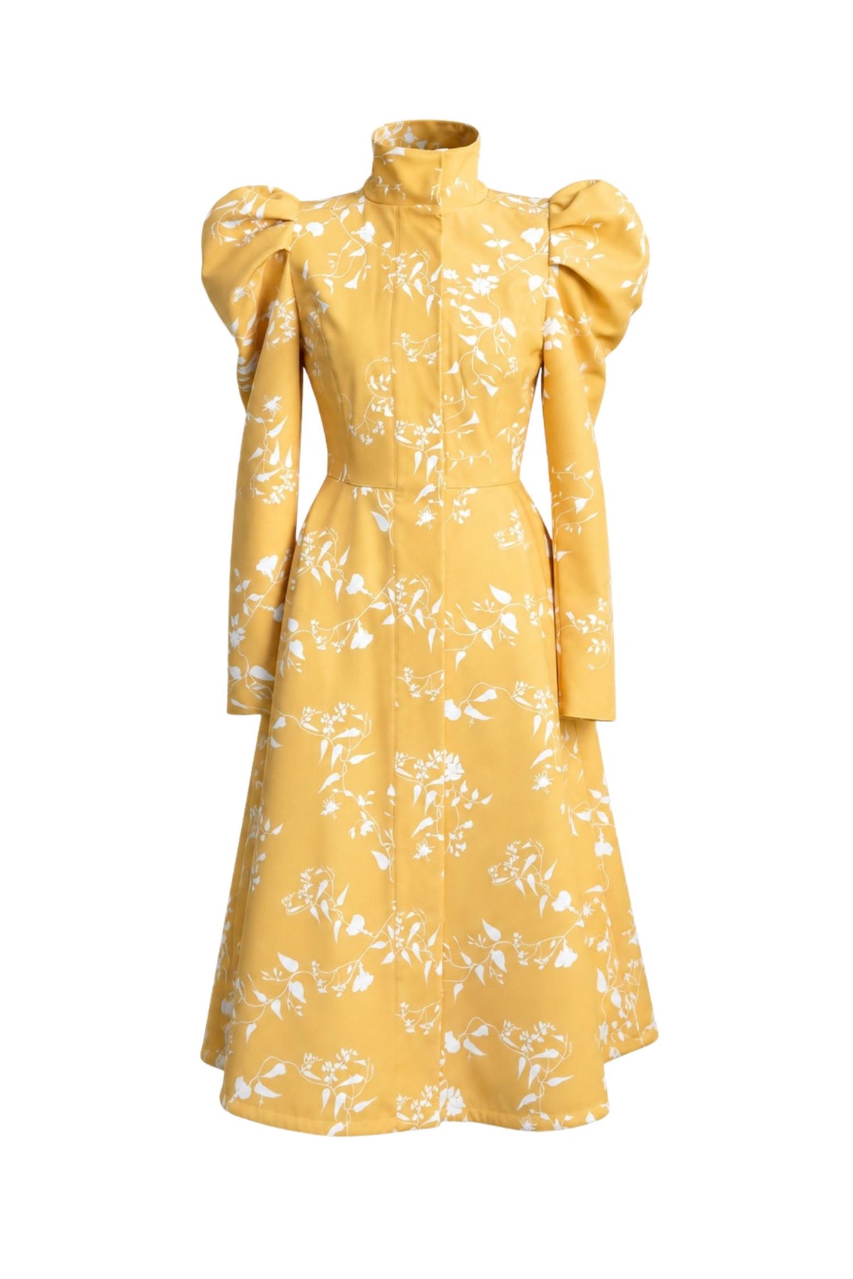 Fit and Flare Coat with Balloon-Styled Sleeves in Yellow with White Floral Print | Majestic Yellow