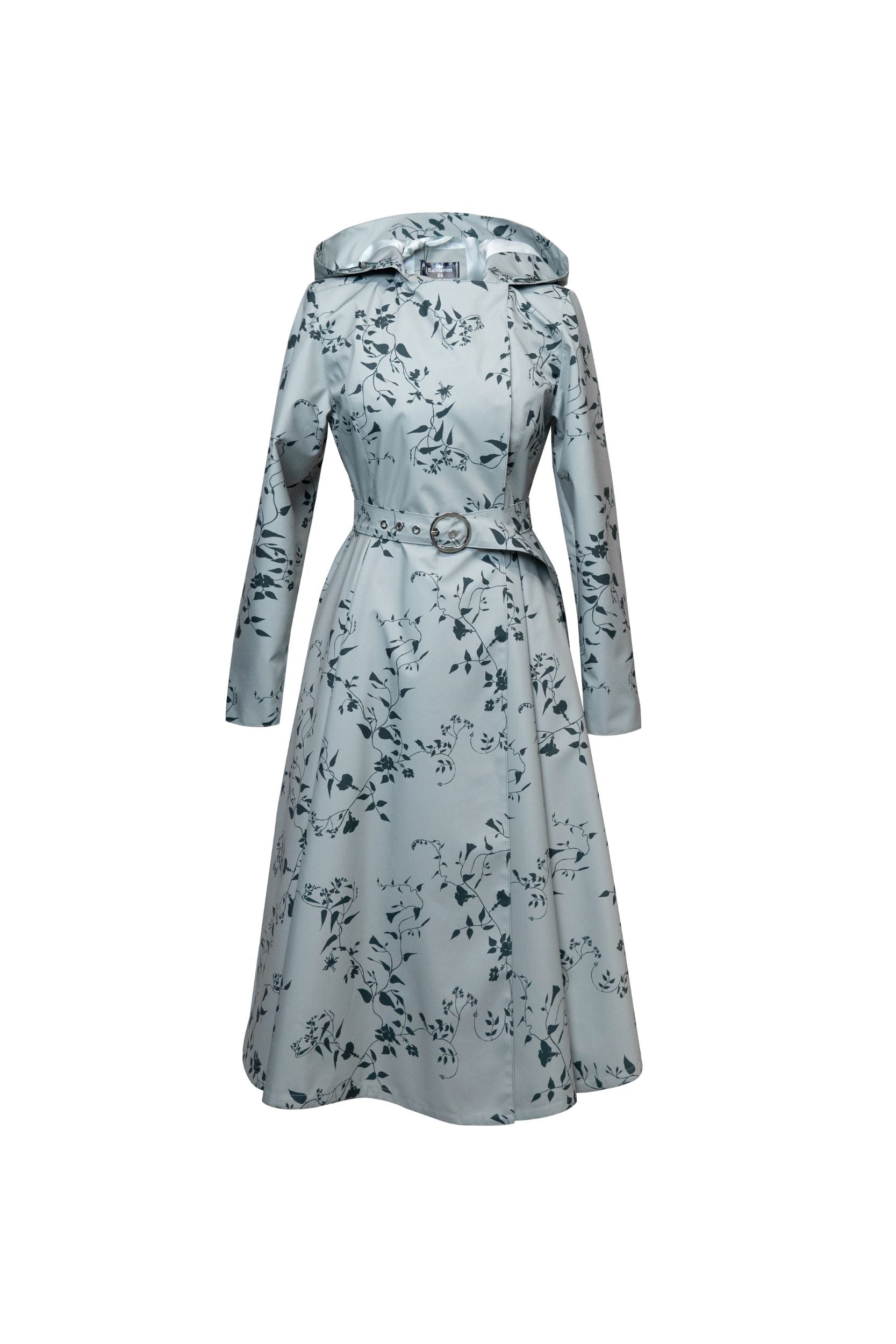 Minty Meadow mint green floral women's trench coat on light background