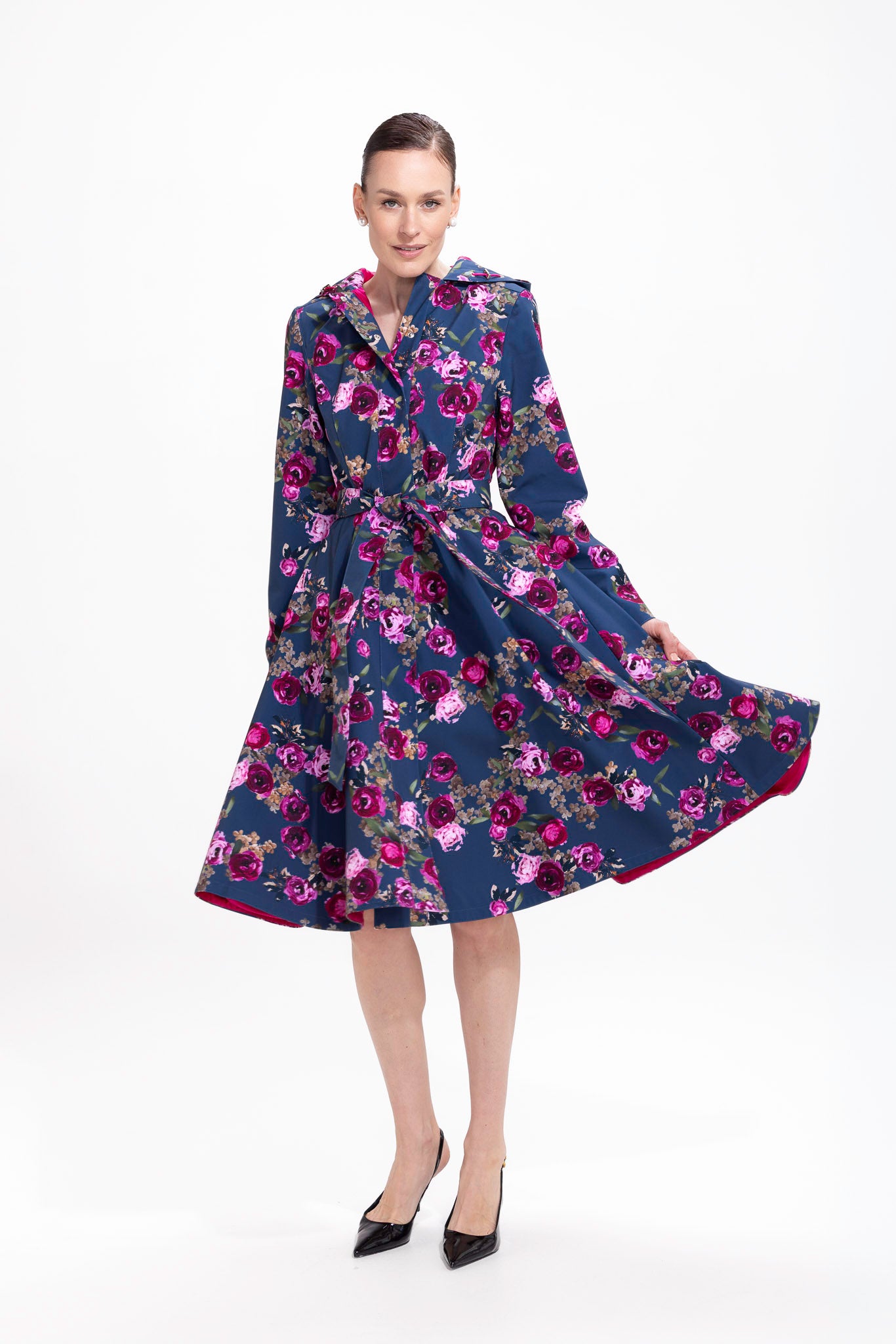 Fit and Flare Coat with Pleated Back in Blue and Pink | Misty Rose