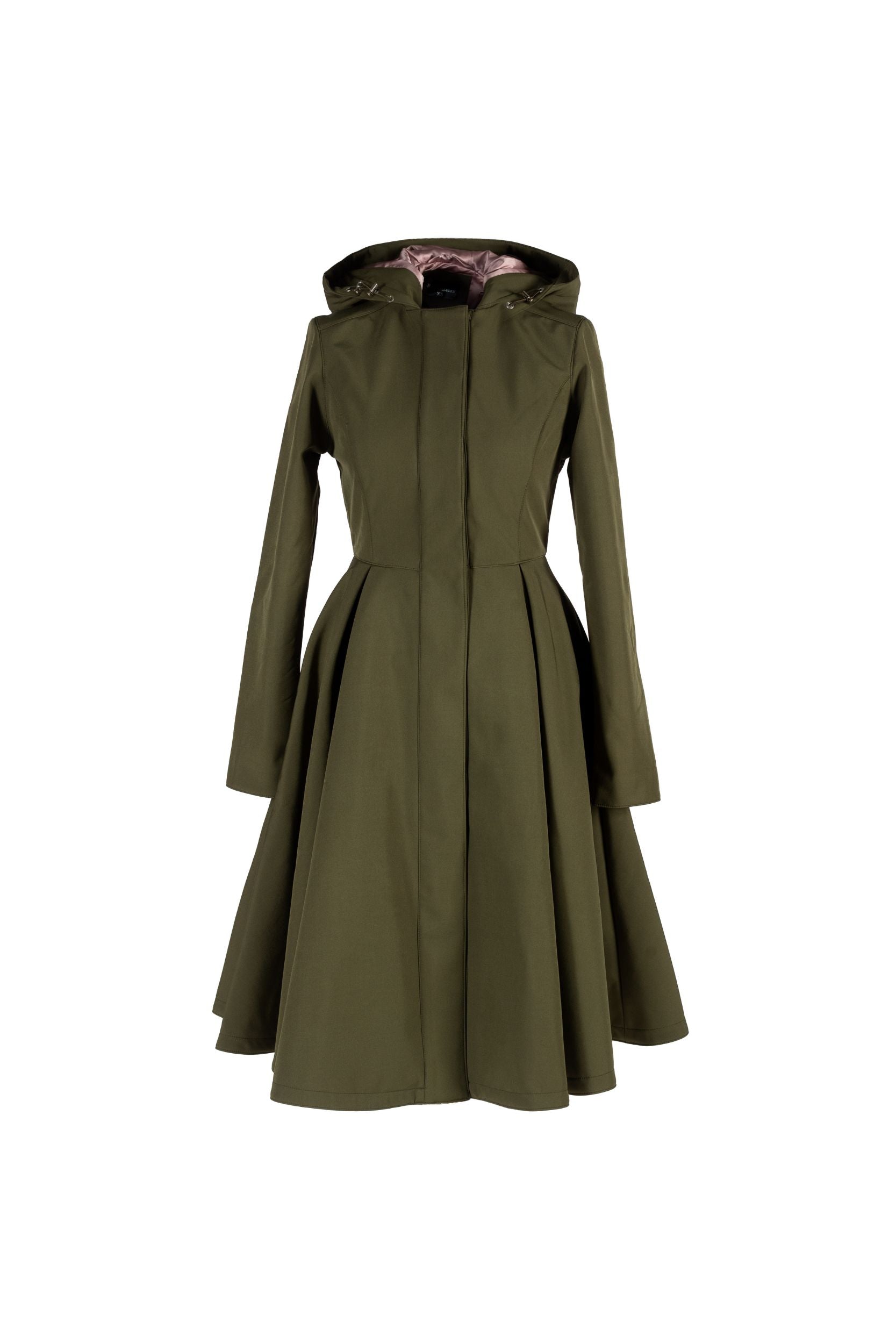 Fit and Flare Coat with Pleated Skirt in Khaki Green | Moss Green
