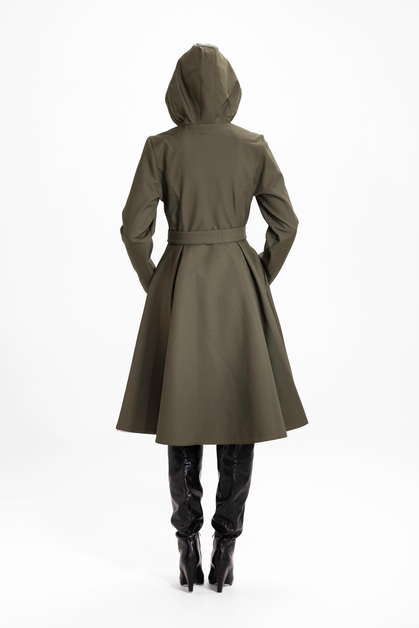 Fit and Flare Coat with Pleated Skirt in Khaki Green | Moss Green