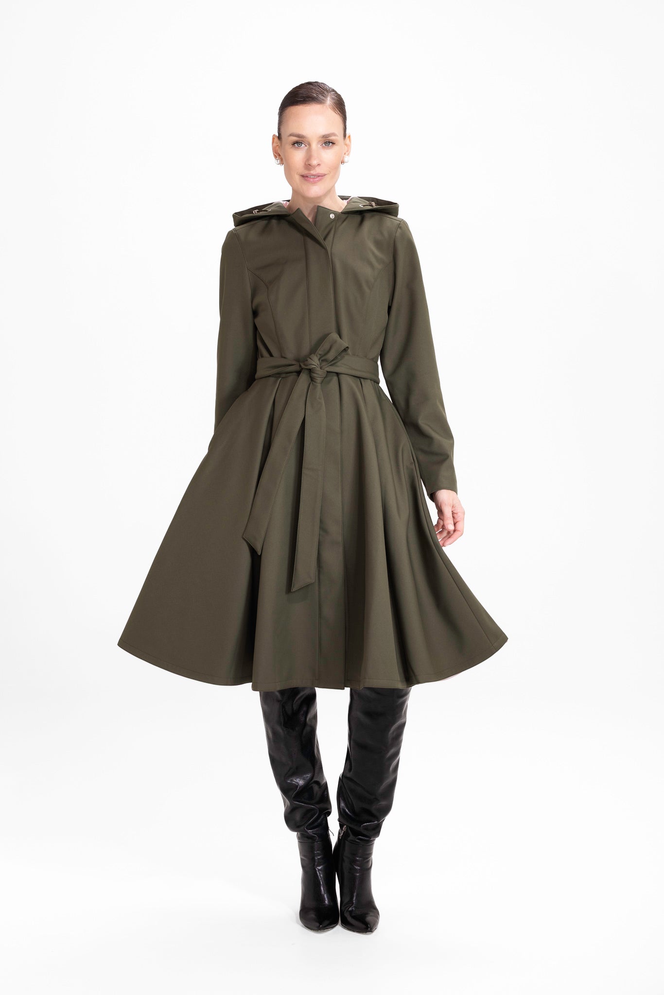 Fit and Flare Coat with Pleated Skirt in Khaki Green | Moss Green