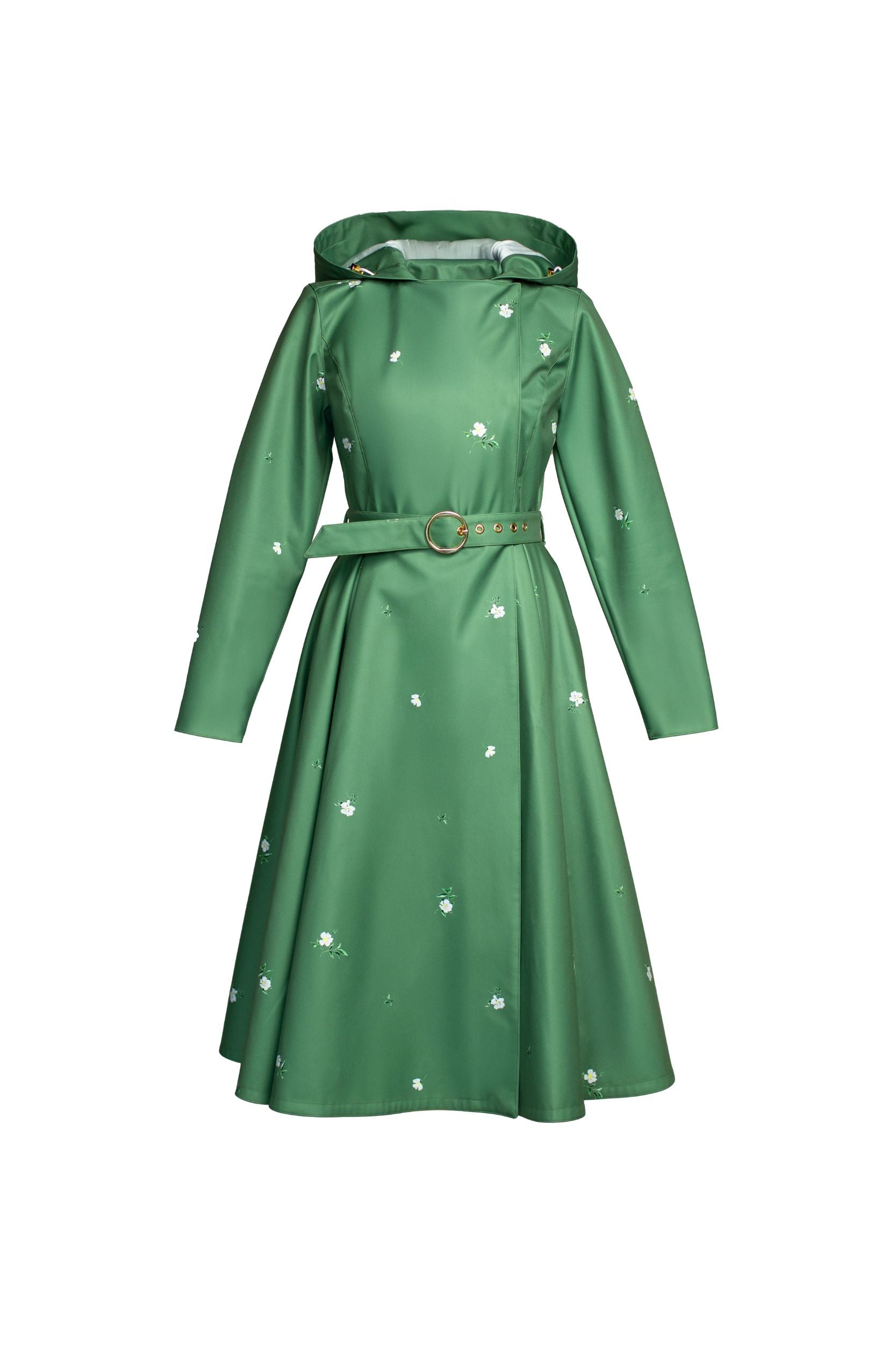 Double Breasted Trench Coat in Green with Flower Print | Primrose in Bloom