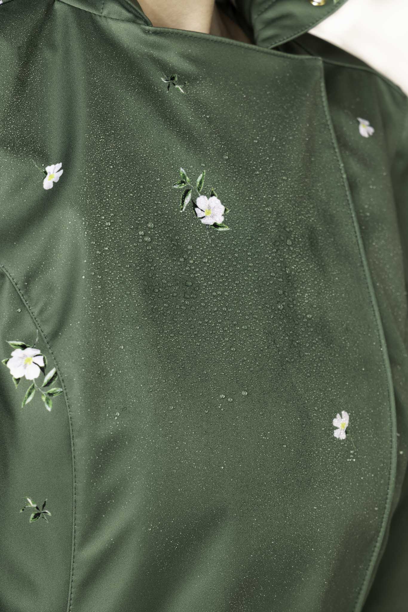 Double Breasted Trench Coat in Green with Flower Print | Primrose in Bloom