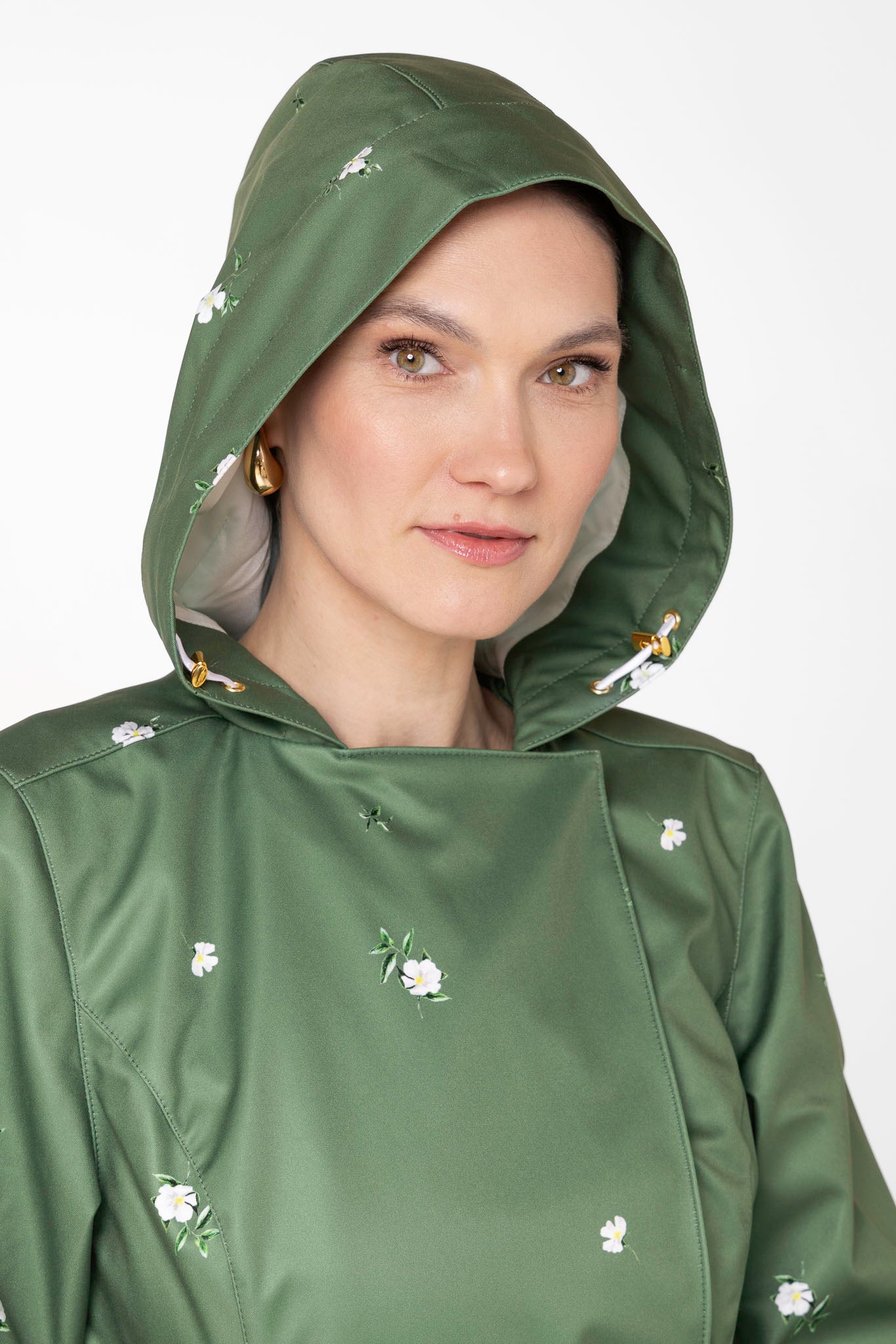 Double Breasted Trench Coat in Green with Flower Print | Primrose in Bloom
