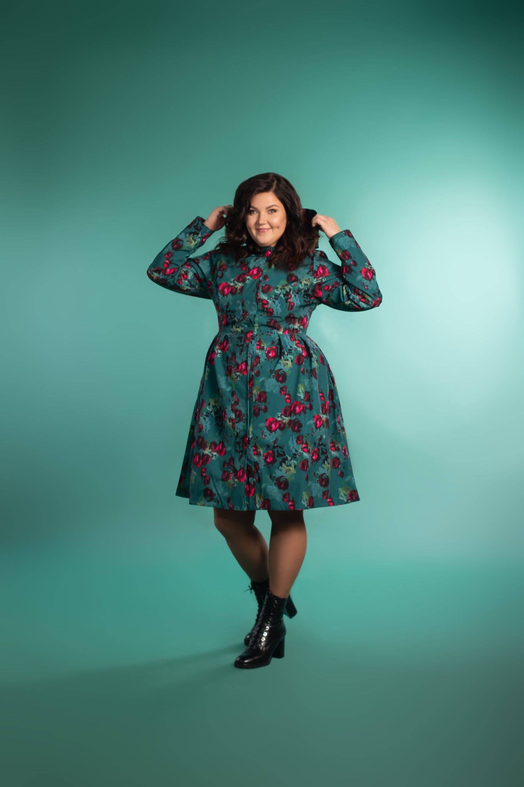 Rosalie green floral fit and flare women's coat with pleated skirt, front view