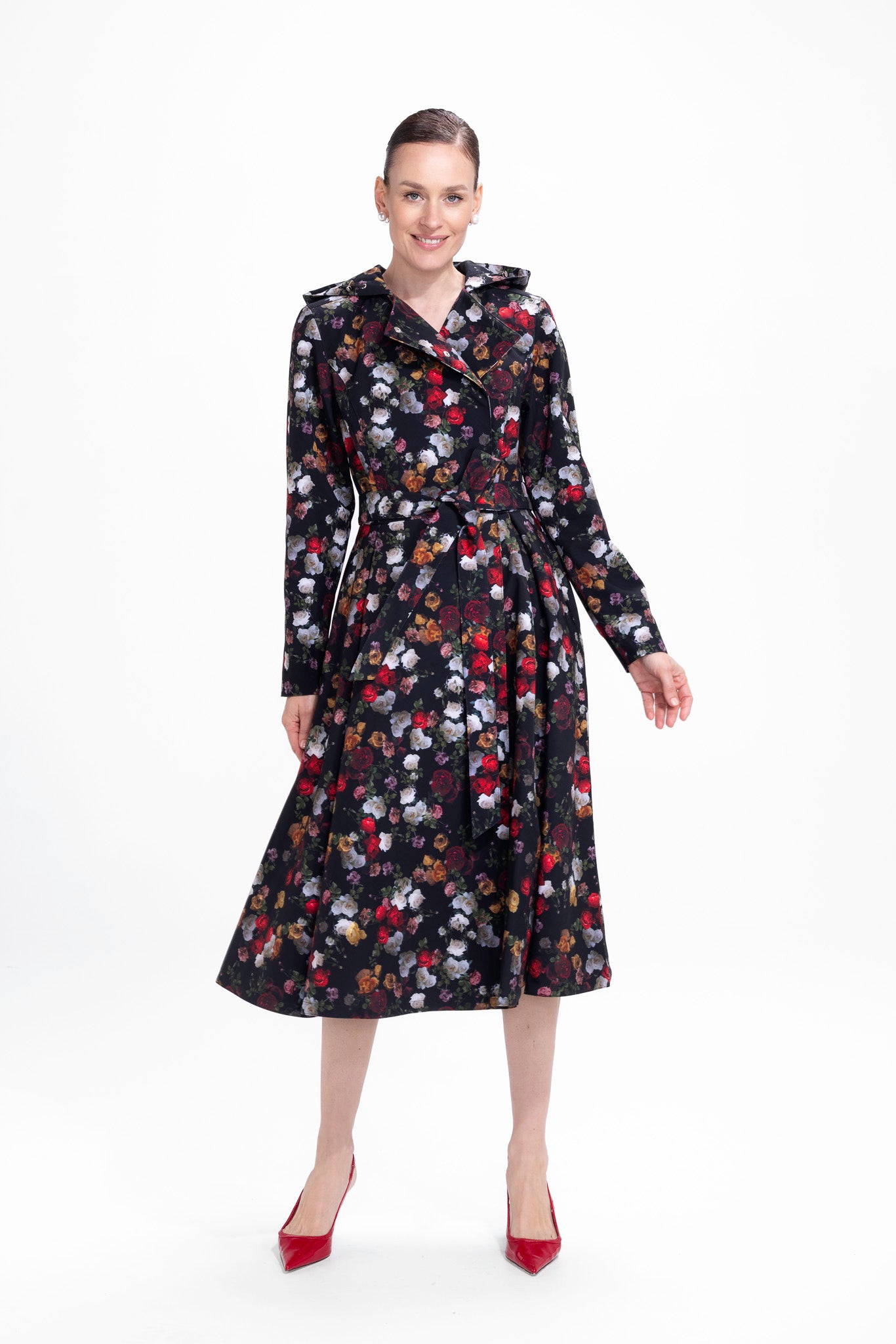 Rose Garden black romantic floral raincoat with vintage rose pattern, double-breasted front view