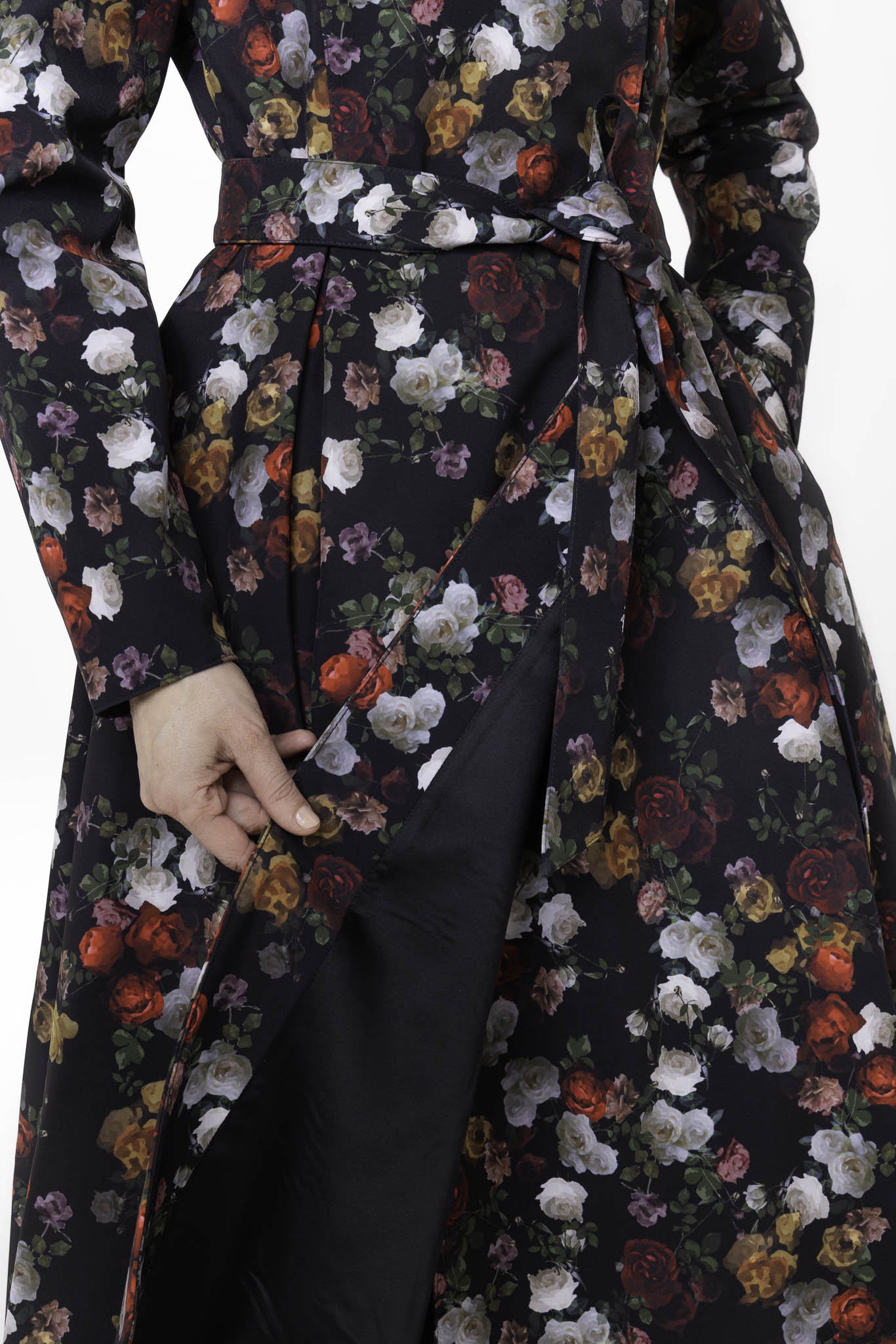 Black Italian satin inner lining inside Rose Garden designer women's outerwear coat