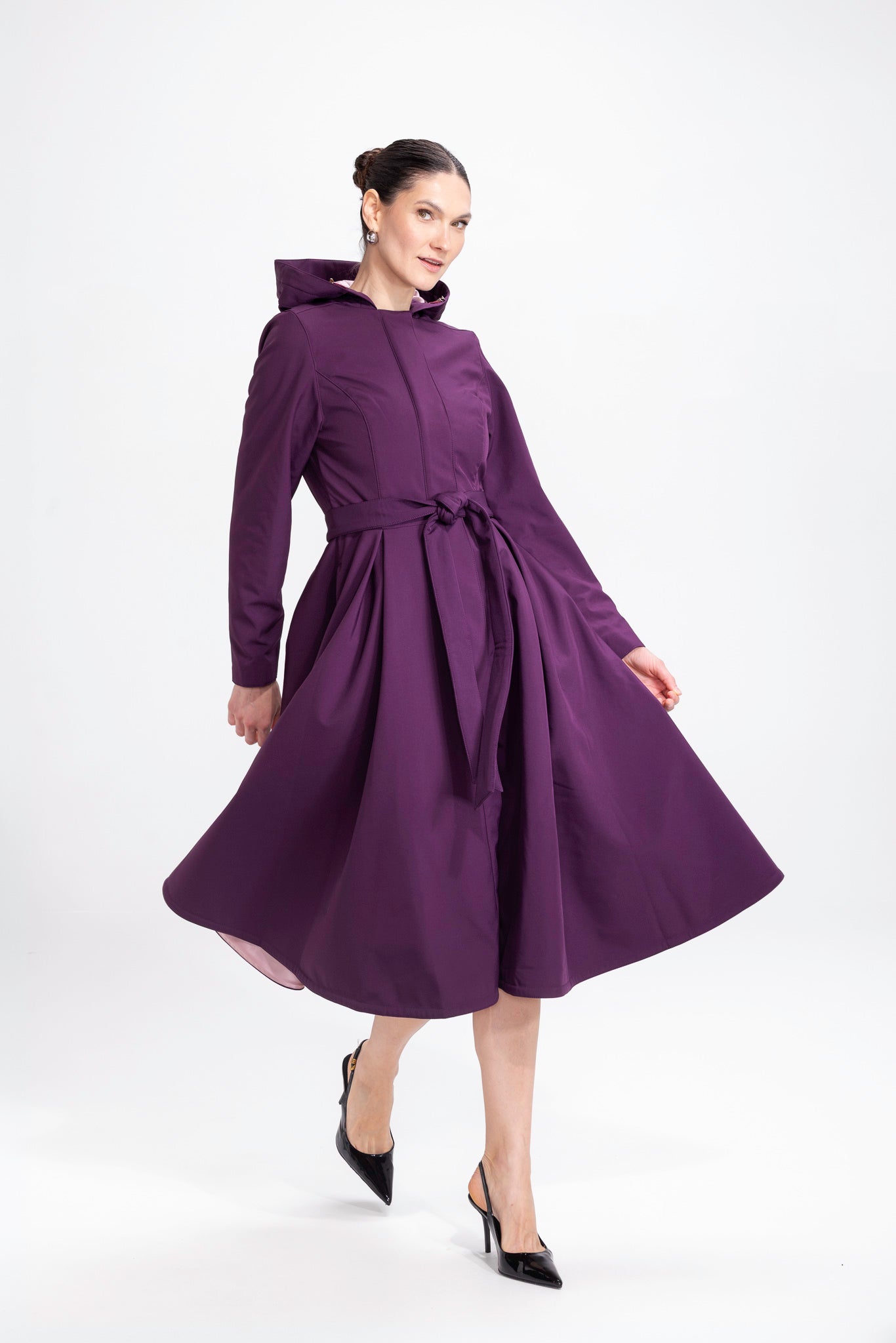Fit and Flare Coat with Pleated Skirts in Dark Purple | Ruby Purple