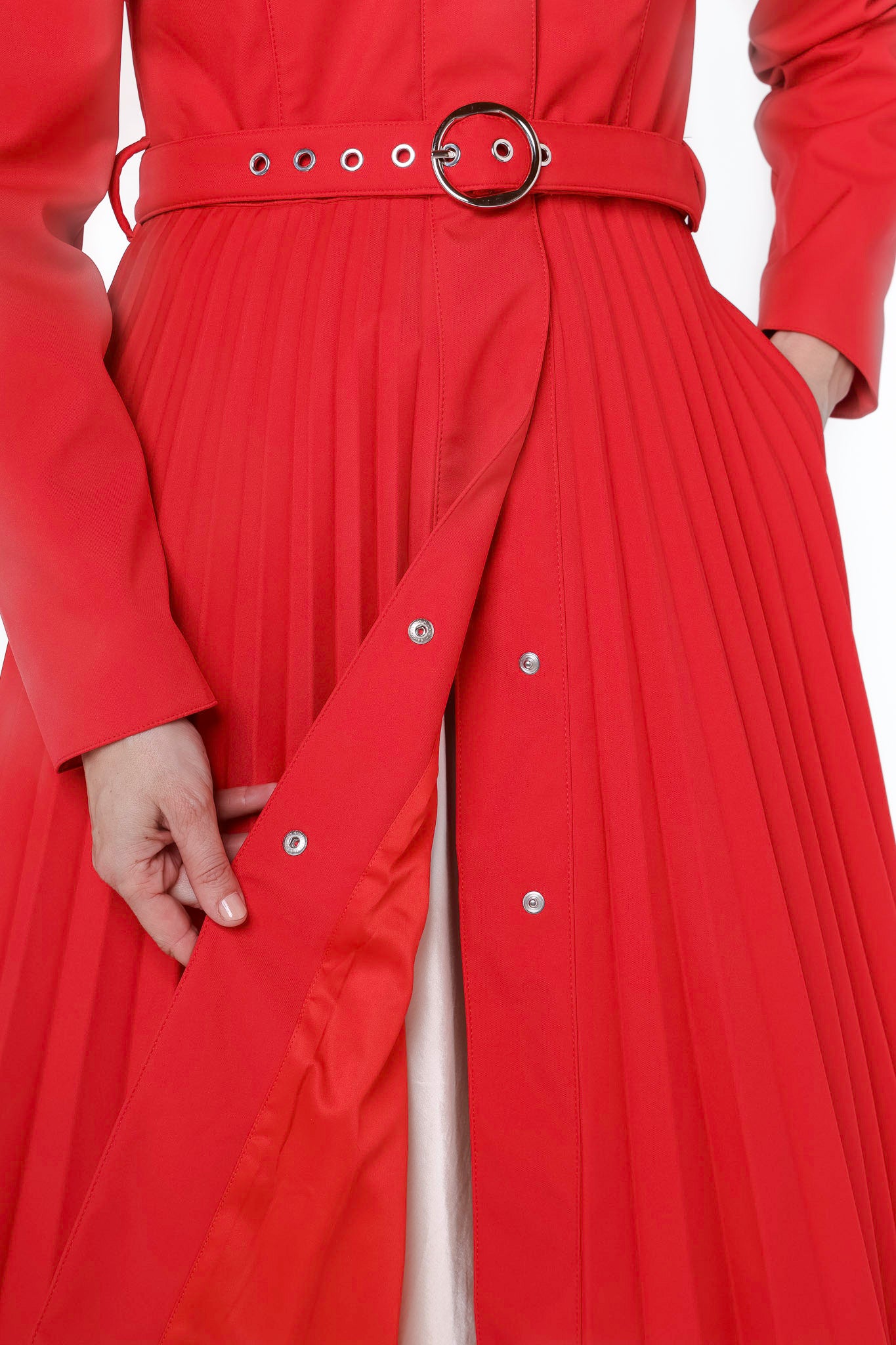 Smooth red Italian satin lining inside Scarlet Waltz women's waterproof coat