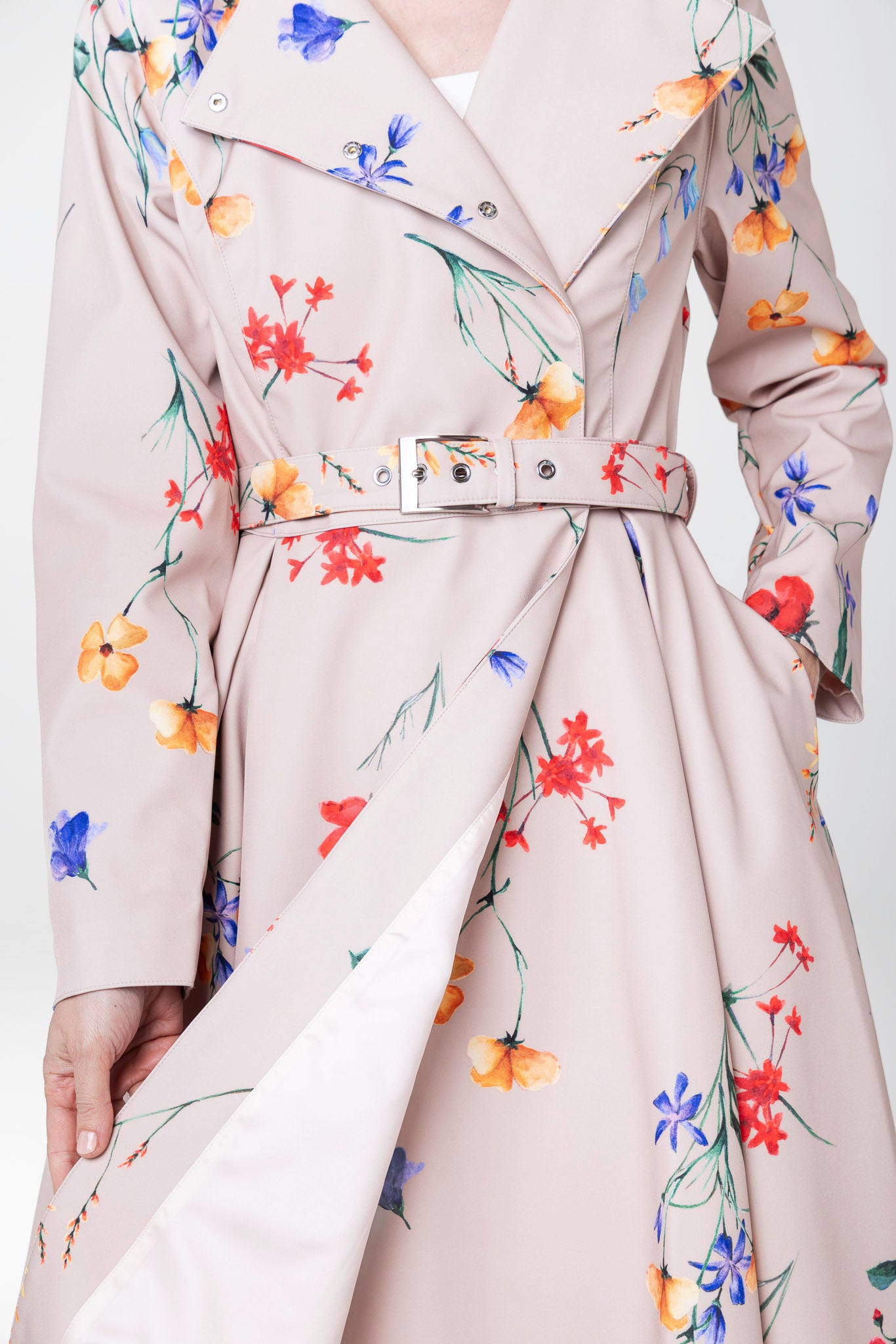 Soft pink Italian satin lining inside Spring Bloom women's floral coat