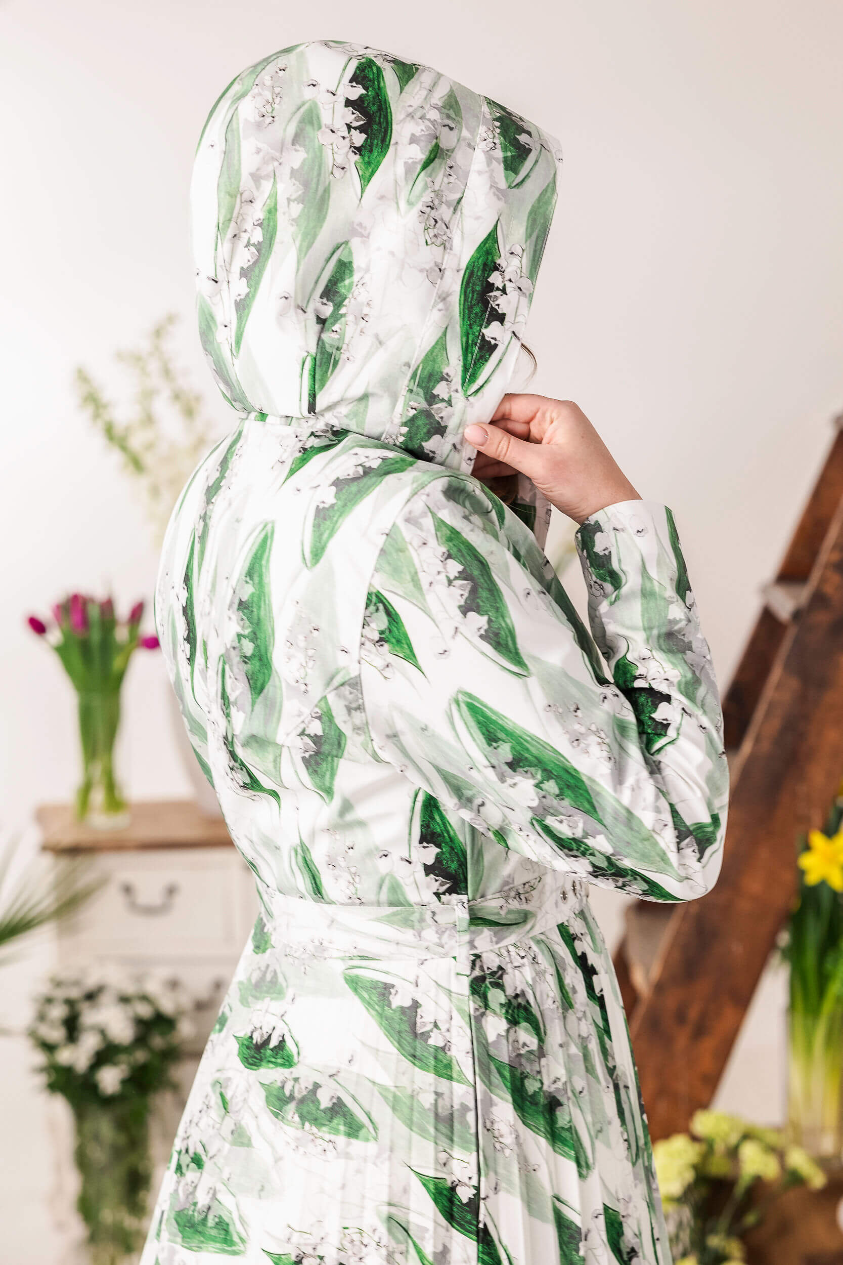 Floral A-line trench with detachable hood