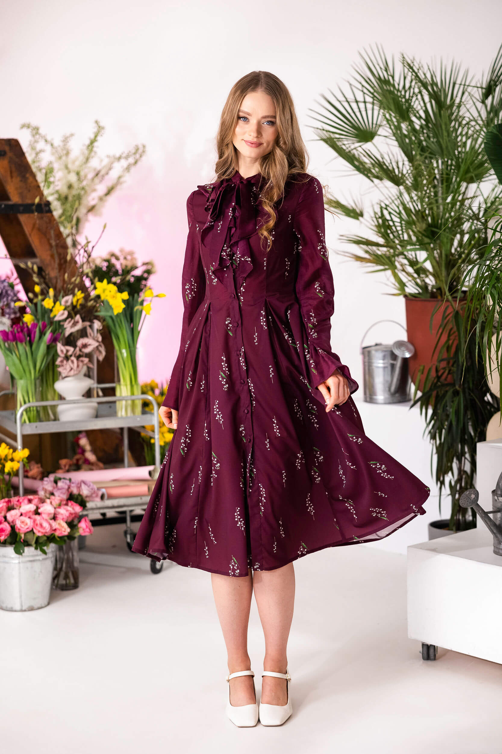 Long sleeve lily of the valley midi dress in Tencel silk blend