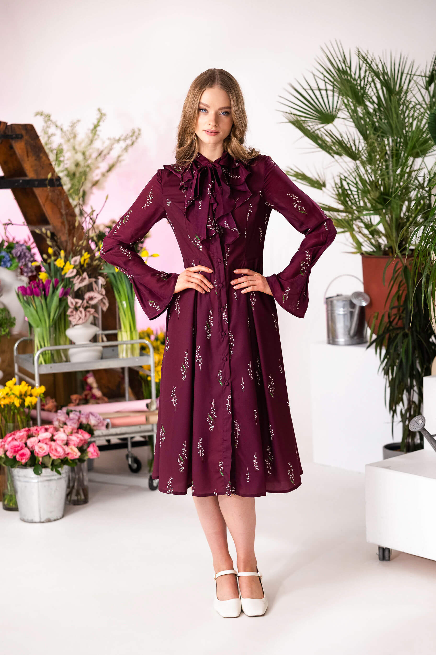 Button-down floral midi dress with fabric-covered buttons