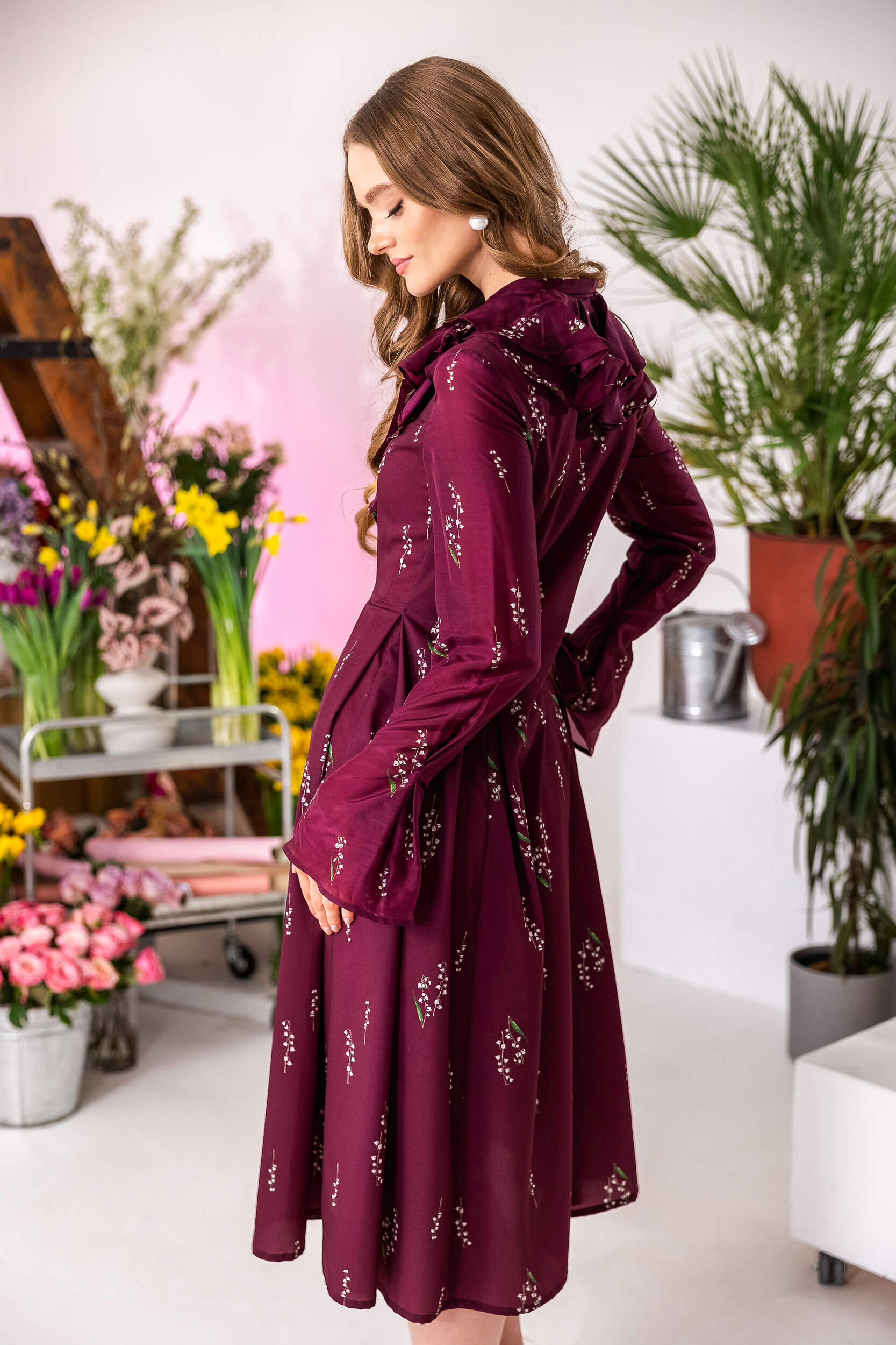 Feminine Tencel and silk midi dress with soft A-line silhouette