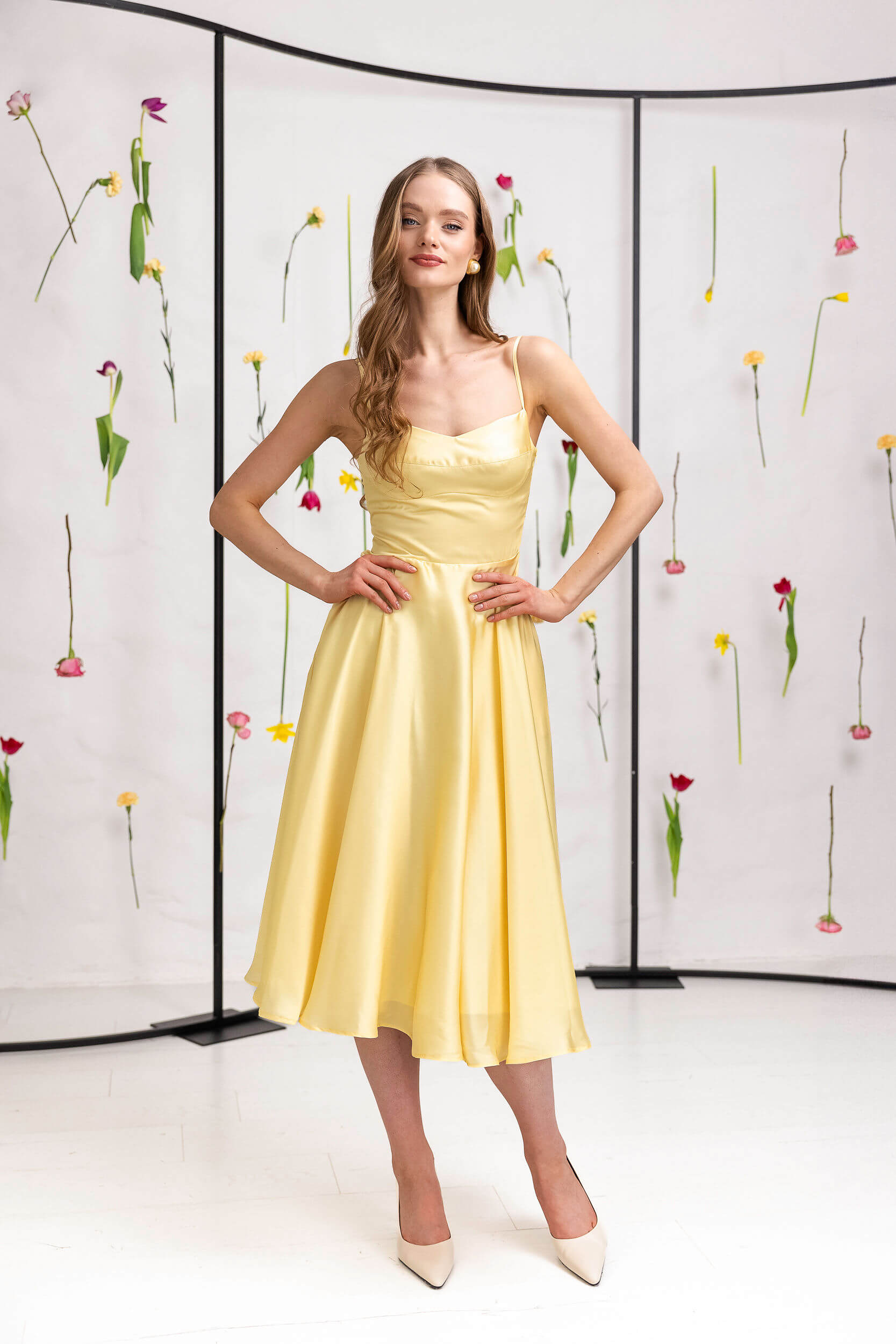 yellow satin dress with flattering fitted bodice