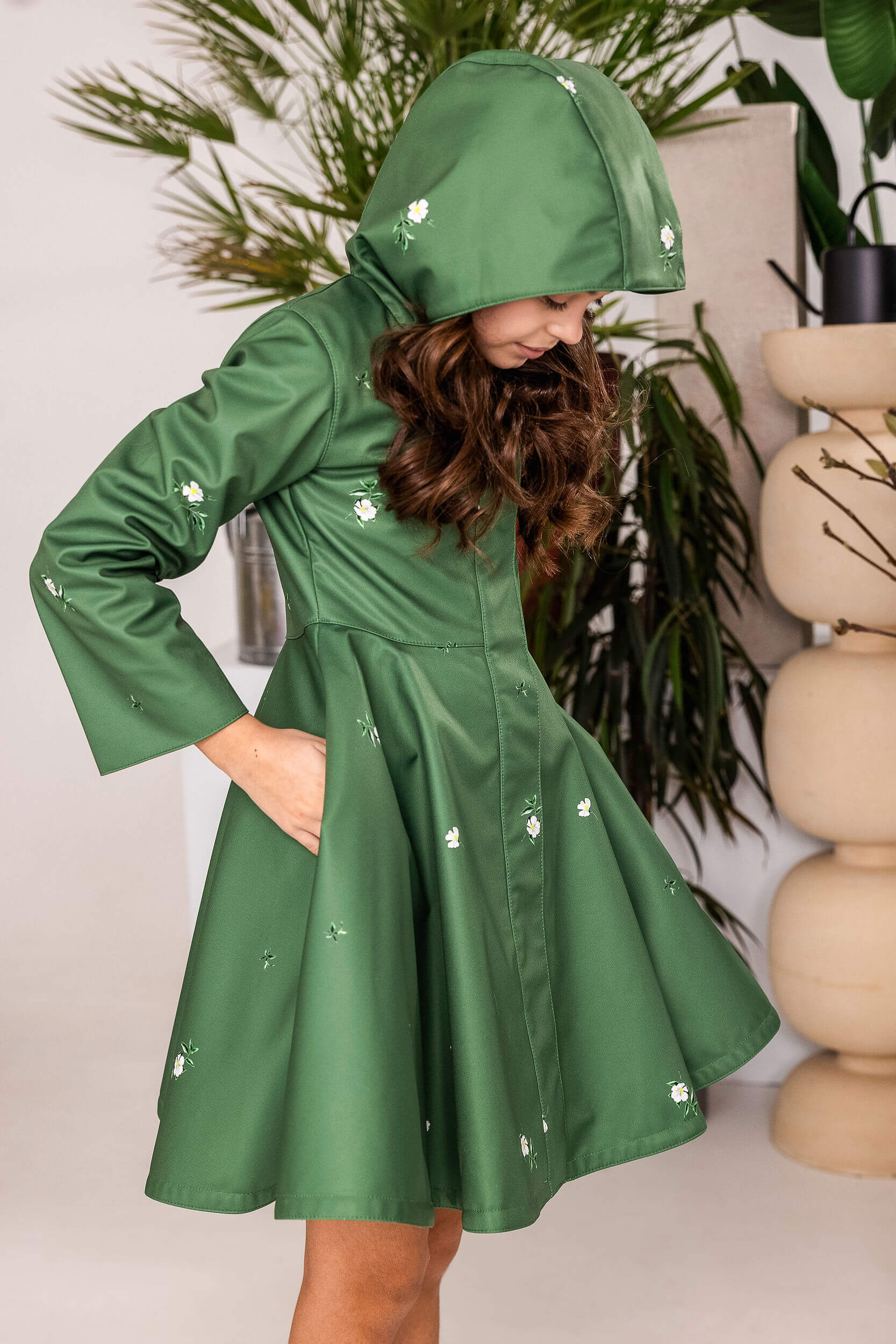 Girl's Green Coat with Floral Print | Primrose in Bloom