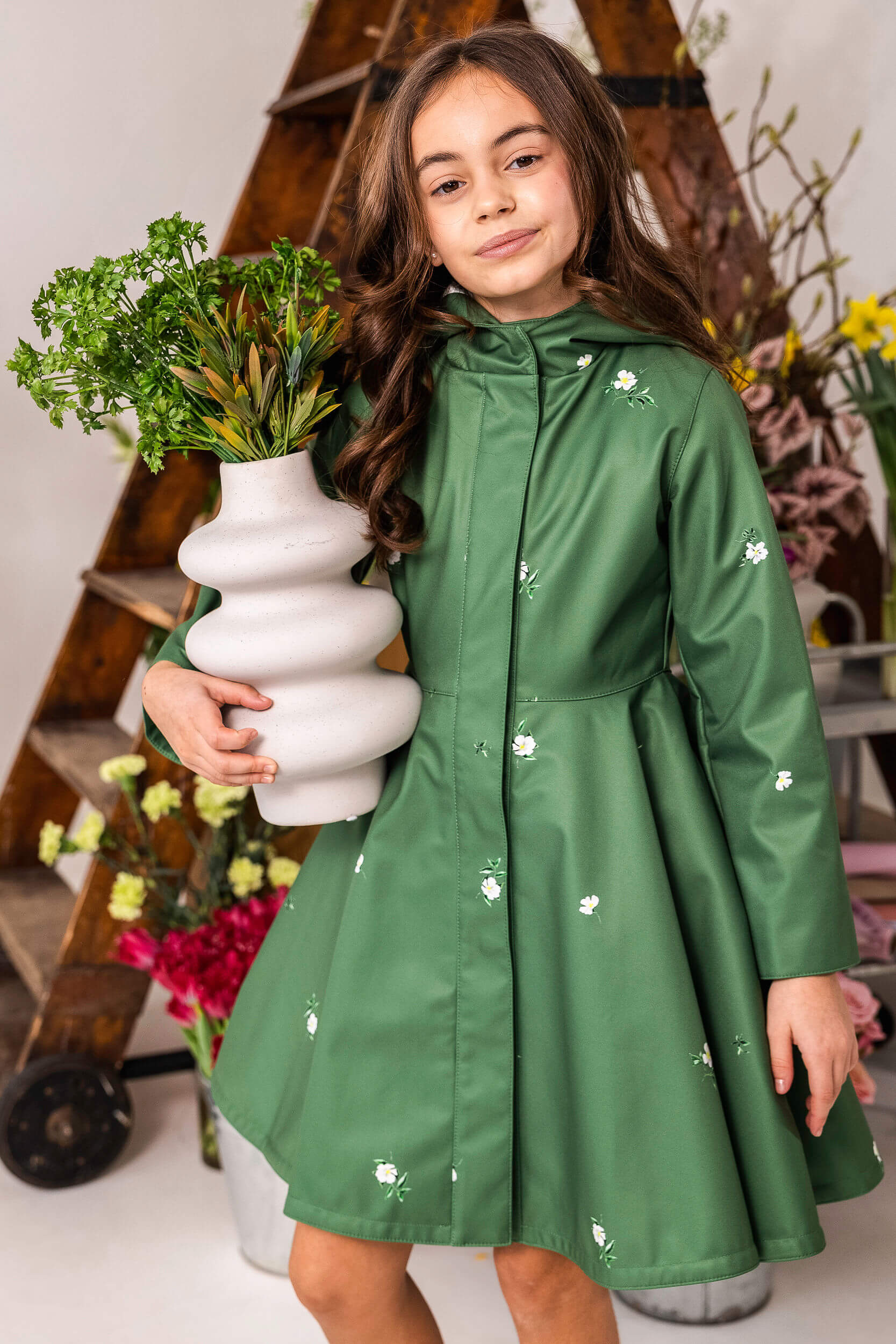 Girl's Green Coat with Floral Print | Primrose in Bloom