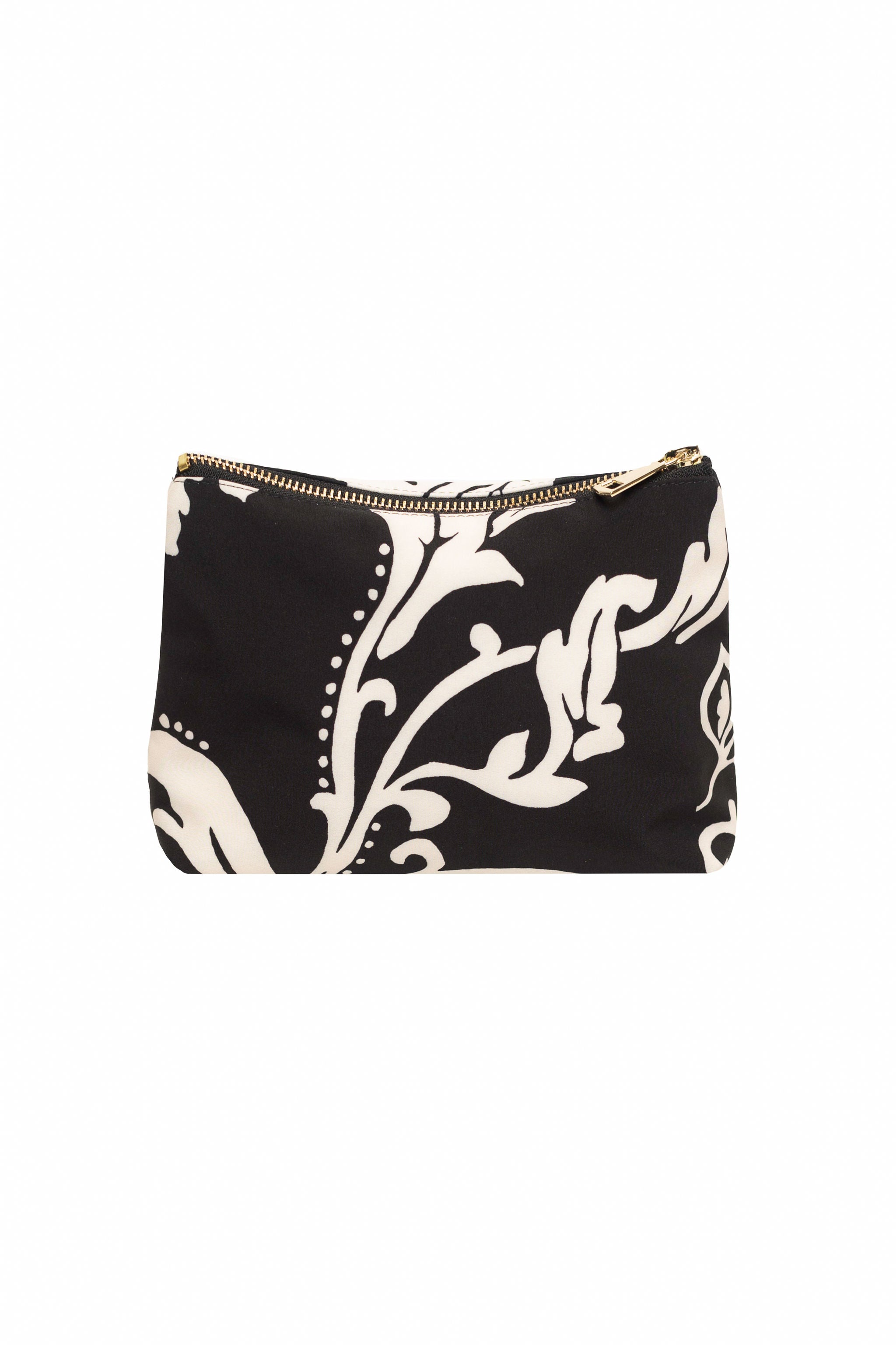 Small RainSisters cosmetic bag featuring a black and white flower print with a zipper closure.