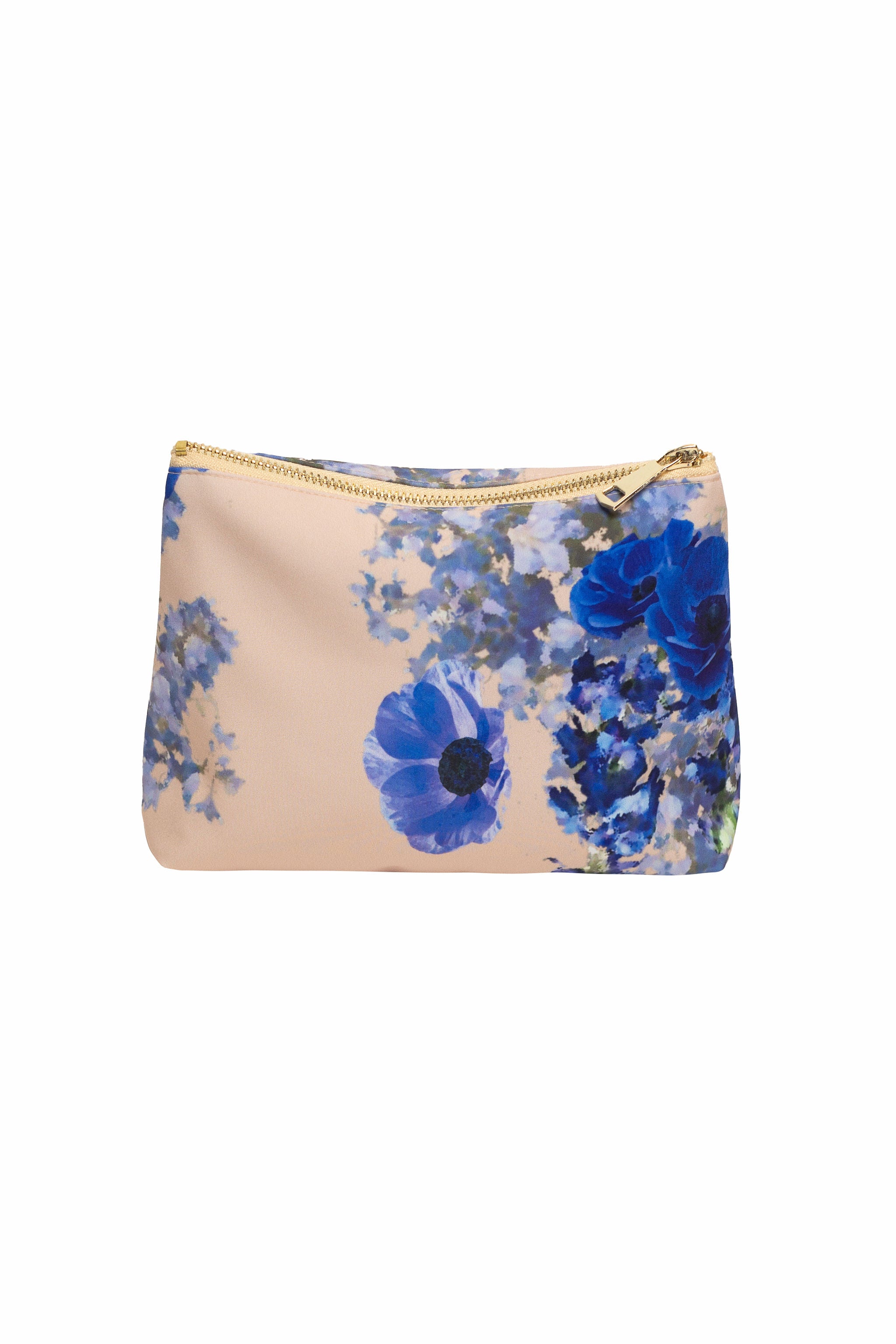 RainSisters cornflower blue and beige cosmetic bag with a blue floral print.