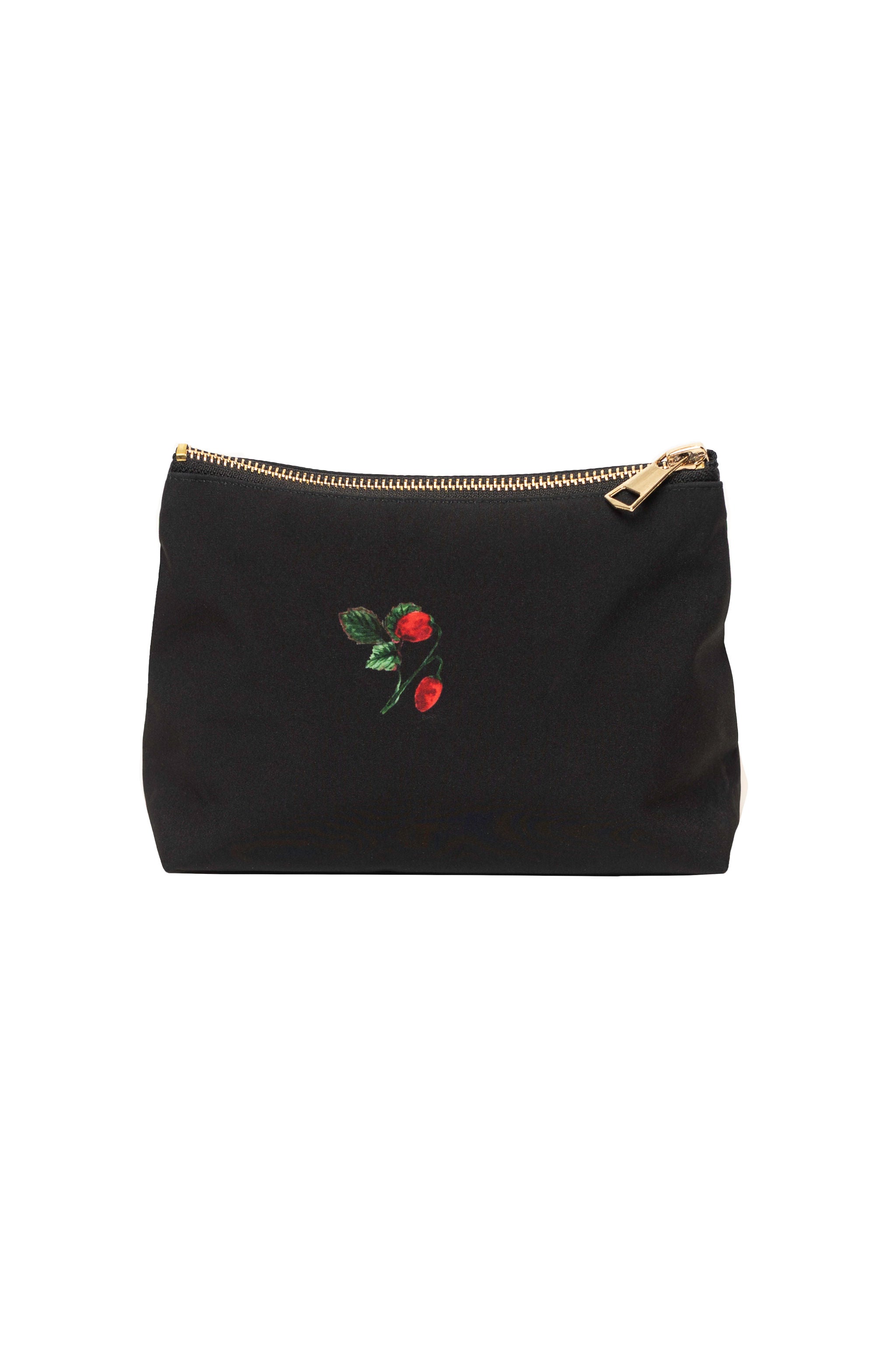 Small RainSisters cosmetic bag featuring a wild strawberry pattern with a zipper closure.
