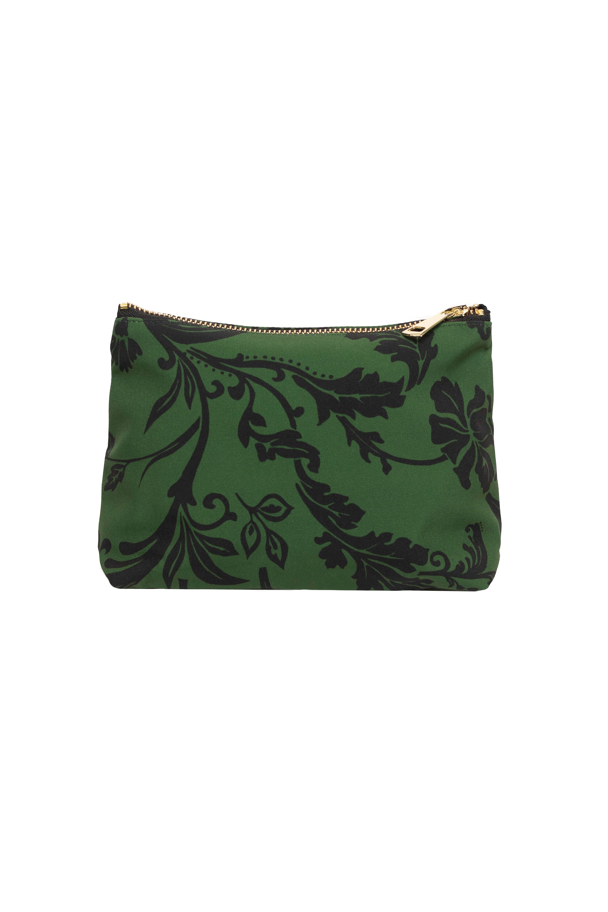 Small RainSisters cosmetic bag featuring a green and black forest flower print with zipper closure.