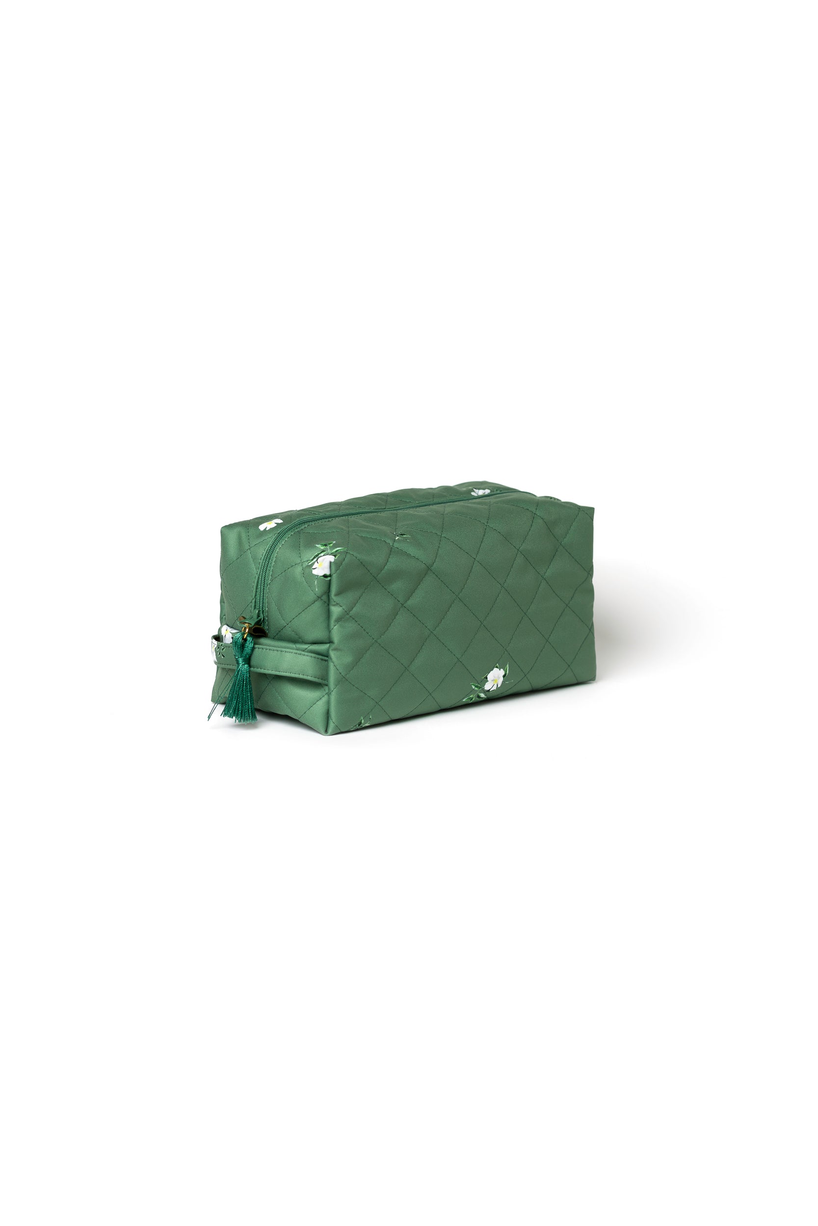 Large soft green floral cosmetic bag with green zipper closure and decorative tassel for beauty organization