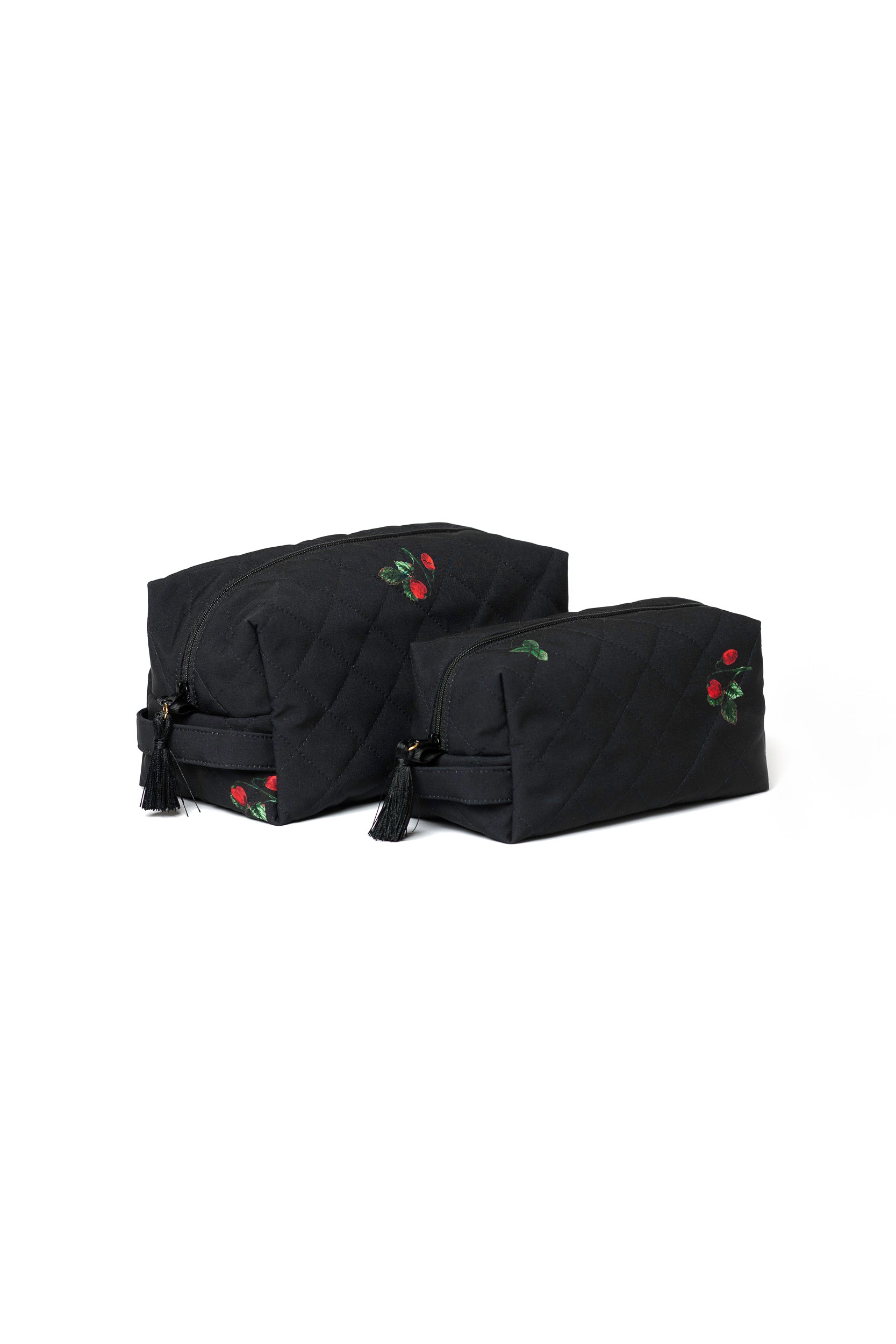 Black makeup bag set with strawberry print for makeup, toiletries, and travel essentials