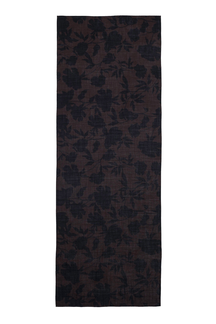 Brown Silk & Wool Scarf with Black Floral Print