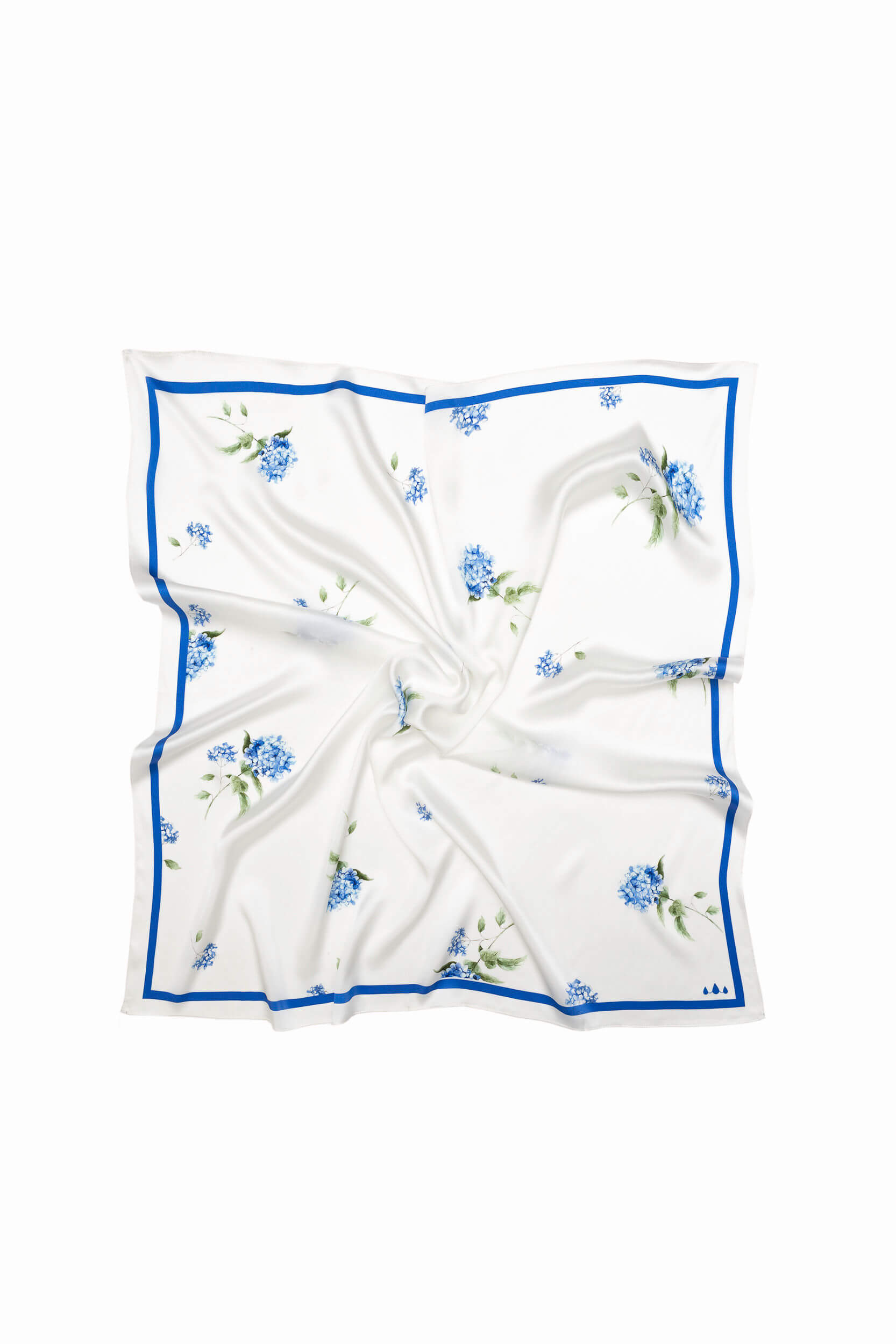 White square scarf with blue floral pattern on a white background