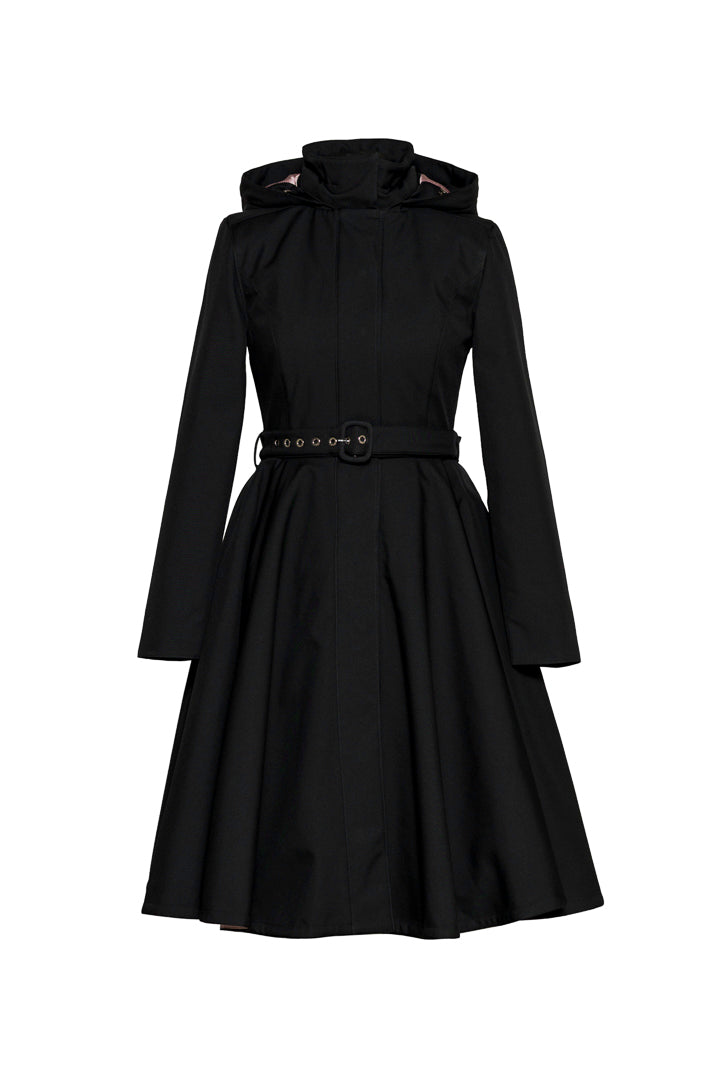 A black long-sleeve hooded winter coat Midnight Black with a matching waist belt, shown on a plain white background.