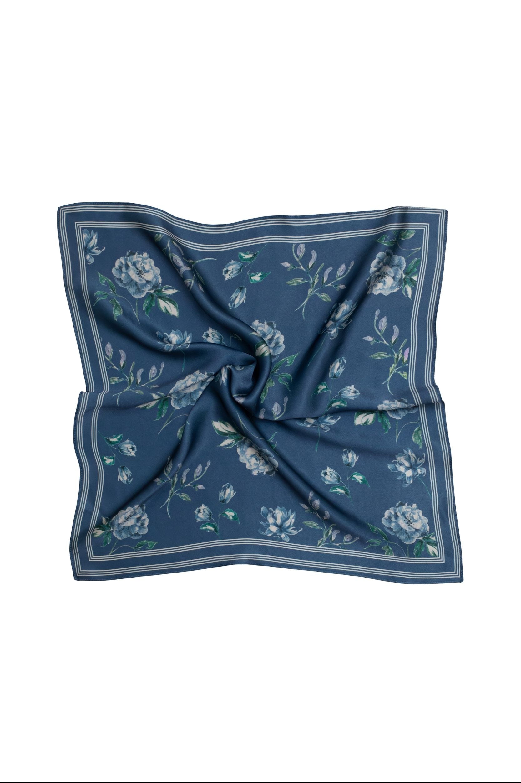 Blue floral patterned square scarf on a white background
