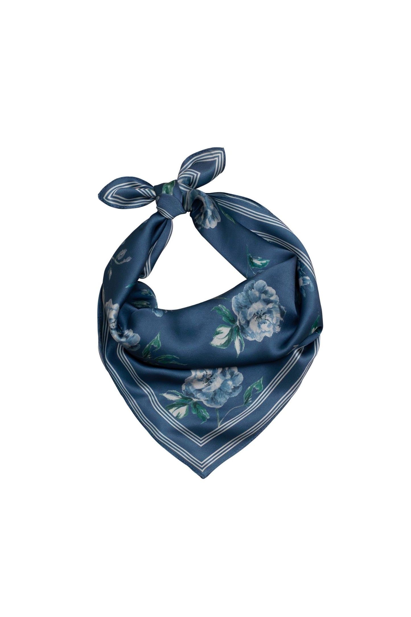 Blue floral patterned scarf tied on a white background