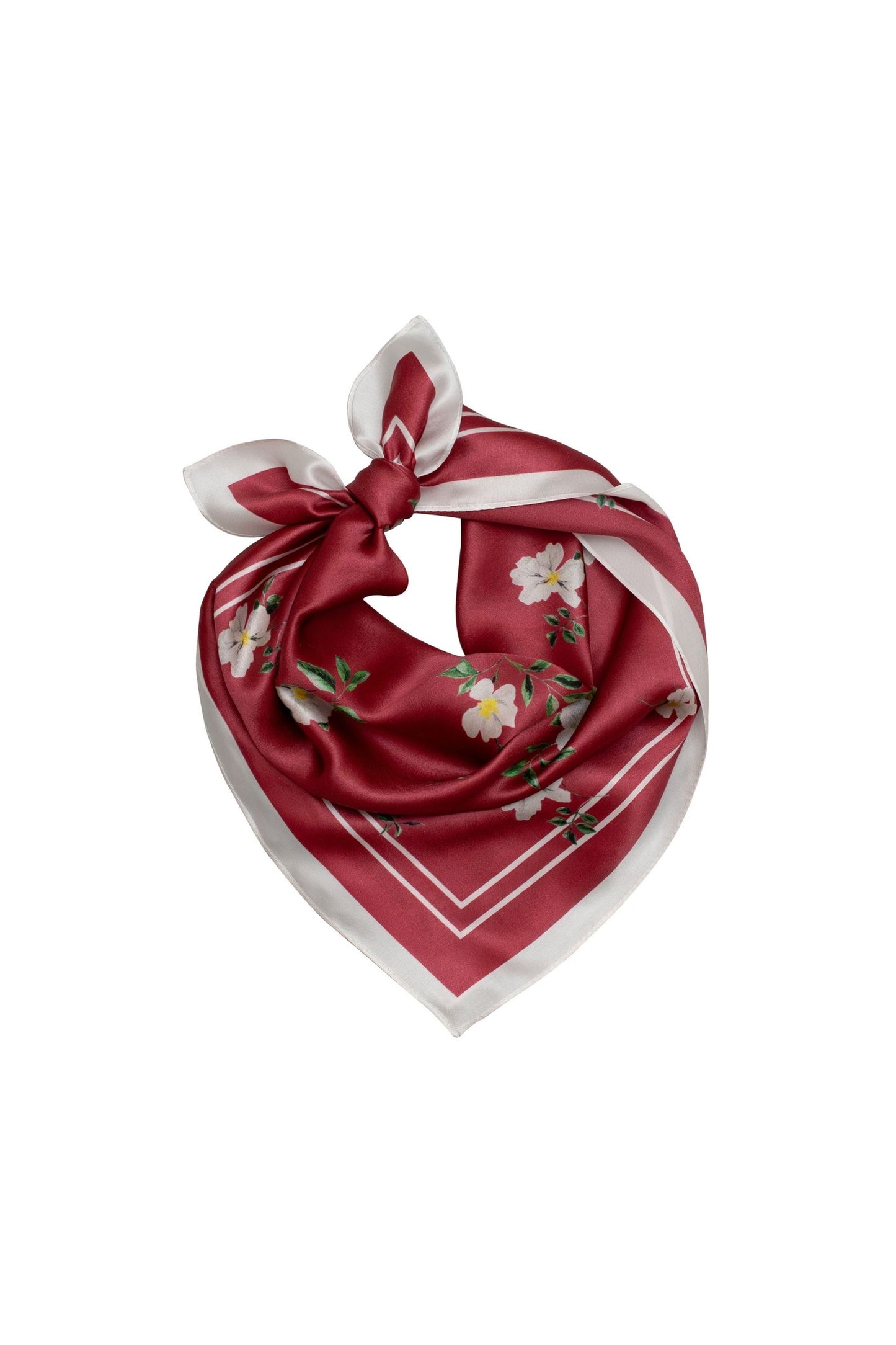 Red floral scarf with white border on a white background