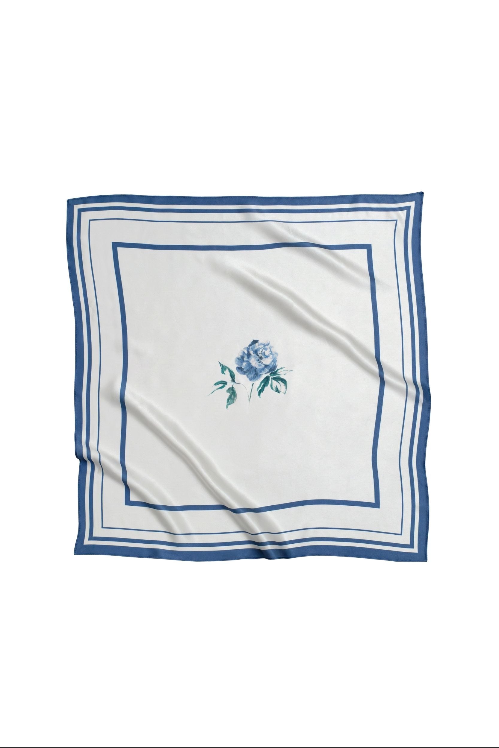 White square scarf with blue floral design and border on a white background