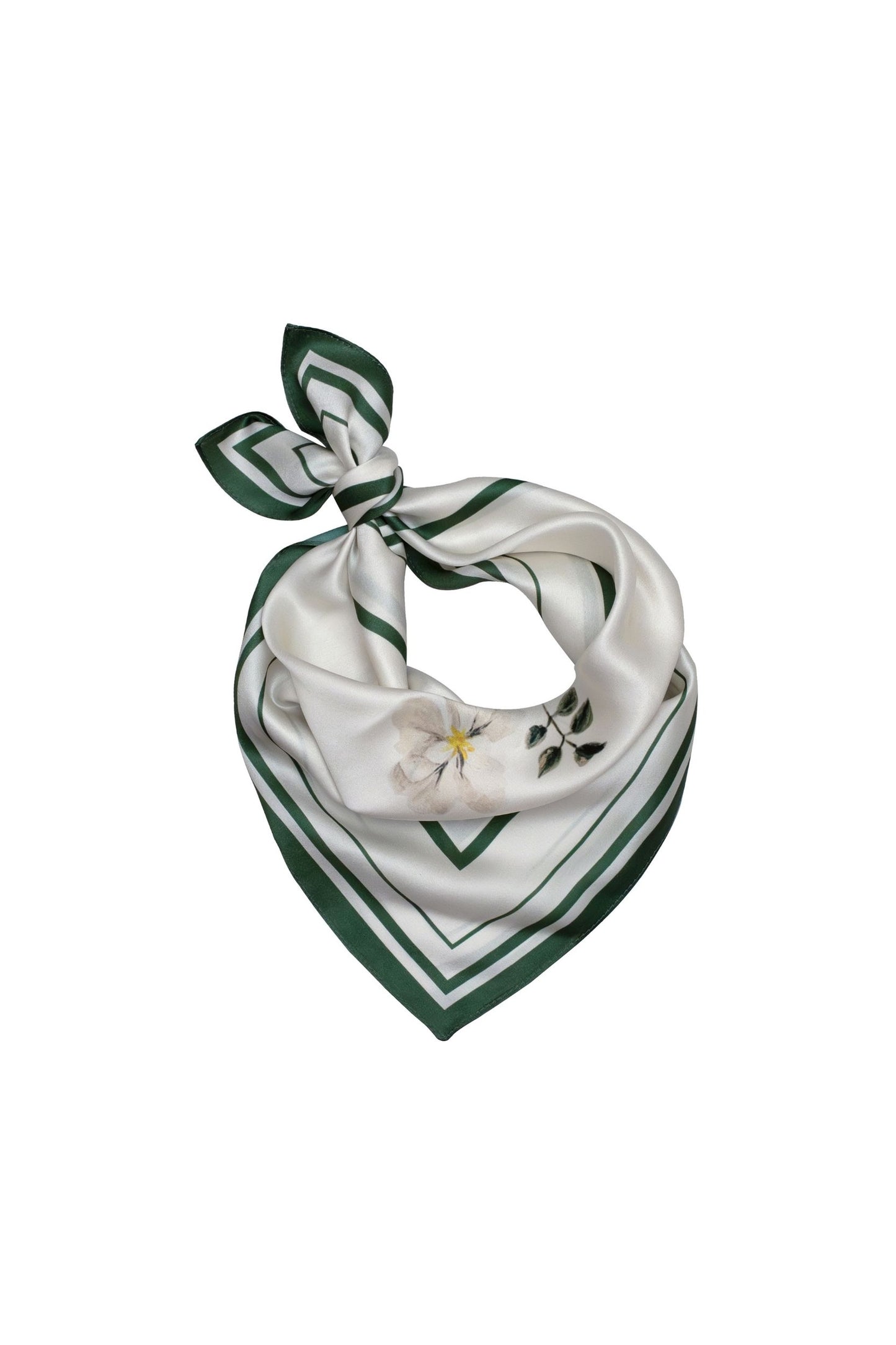 Green and white floral patterned scarf on a white background