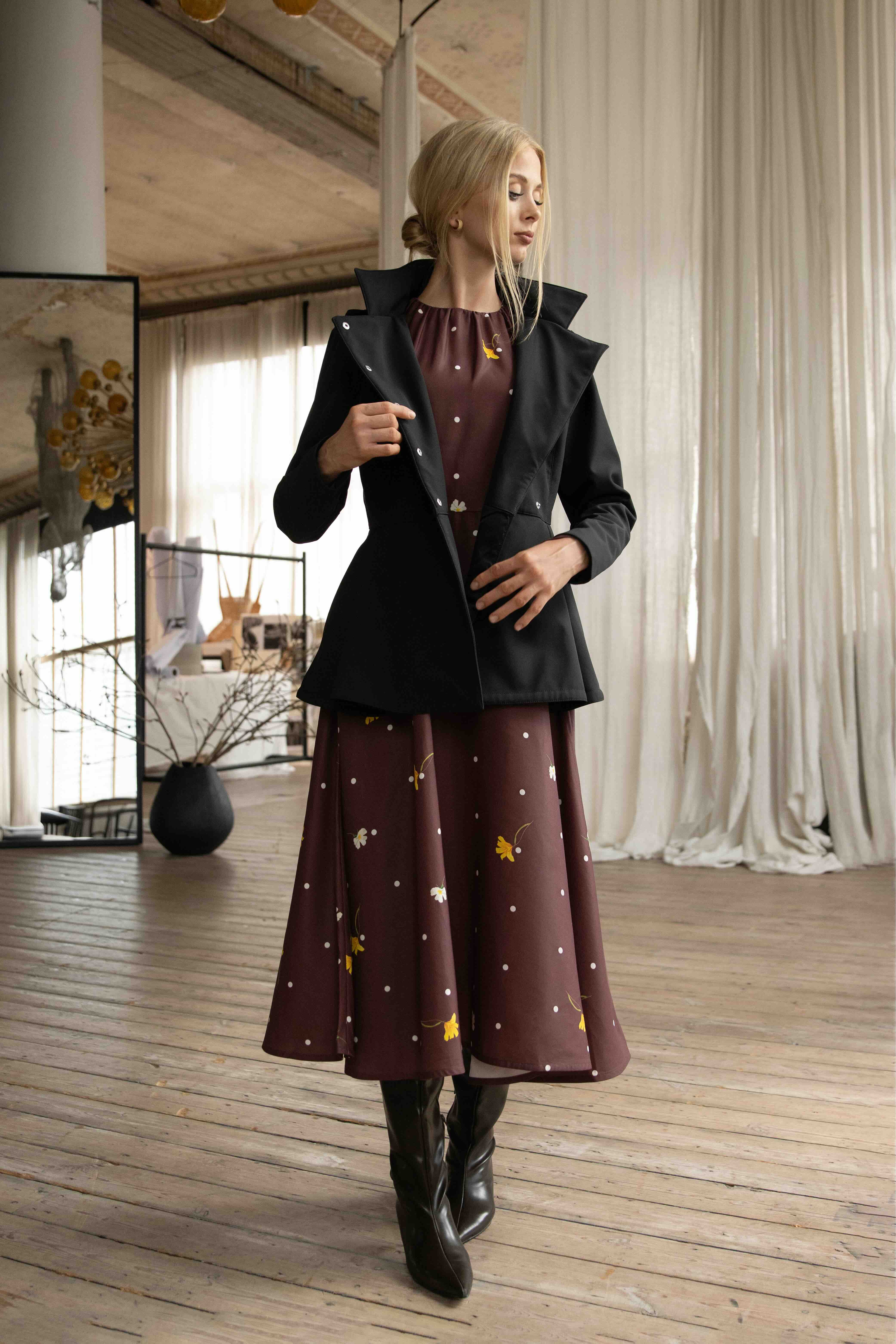 Vintage flare brown midi dress with evening blush short coat.