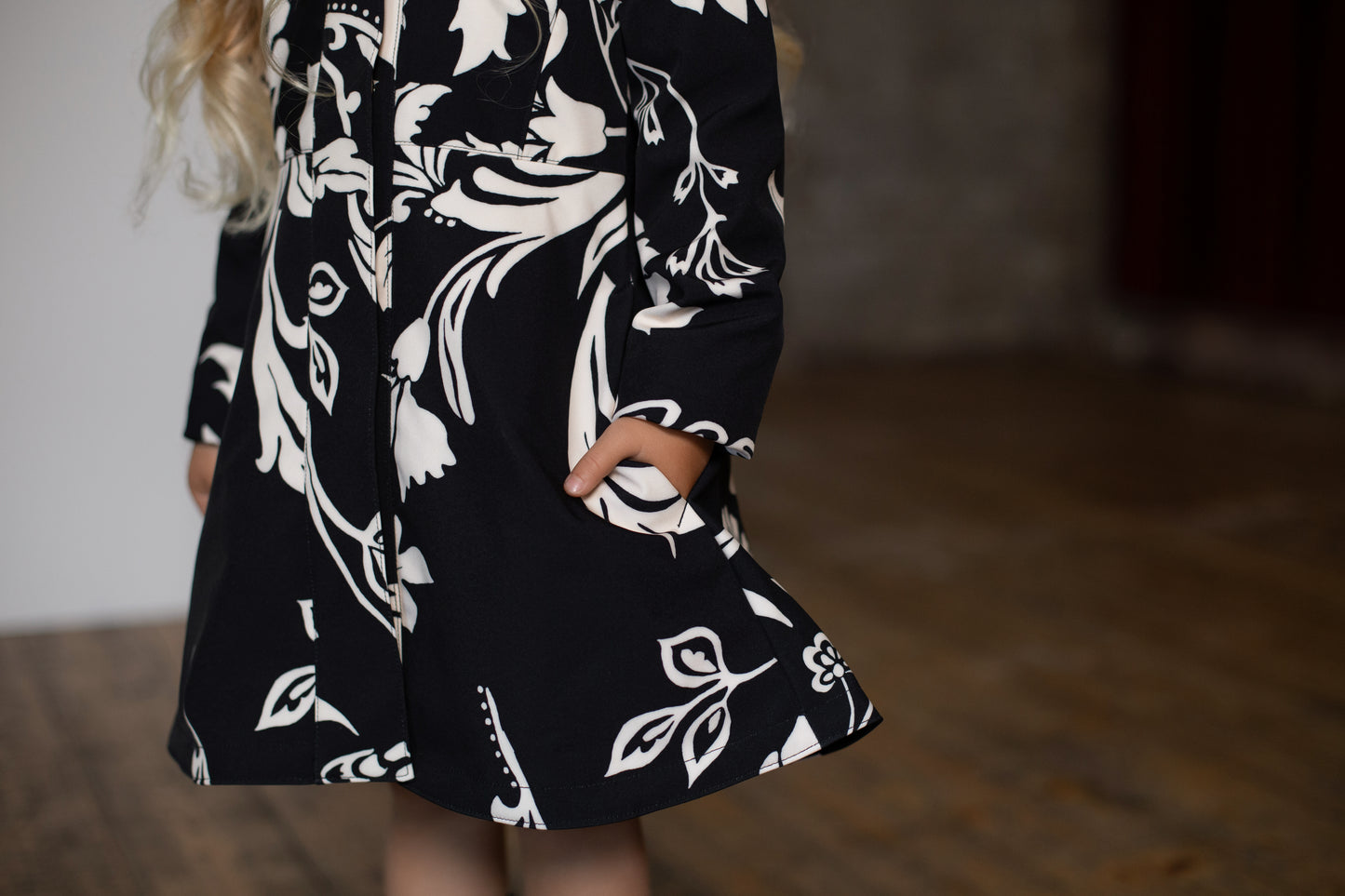 Girls' Black and White waterproof coat with Floral Print