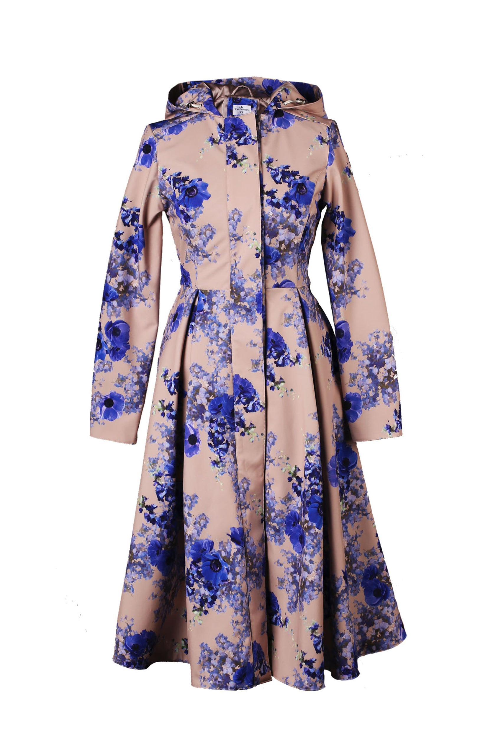 View of Cornflower Blue coat by RainSisters – beige fit-and-flare floral coat with blue flower print and pleated skirt design.