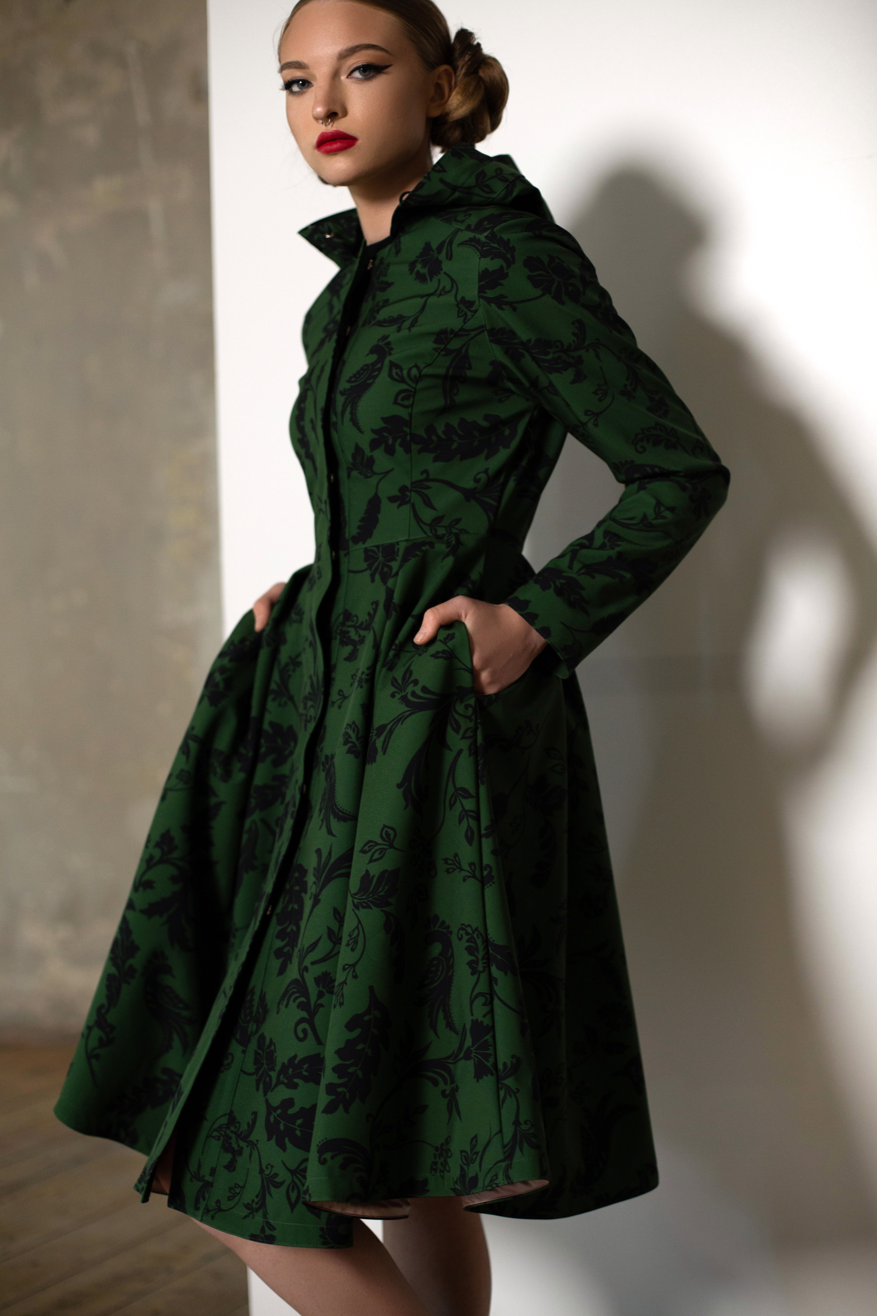 Fitted Coat with Pleated Flared Skirt in Green and Black
