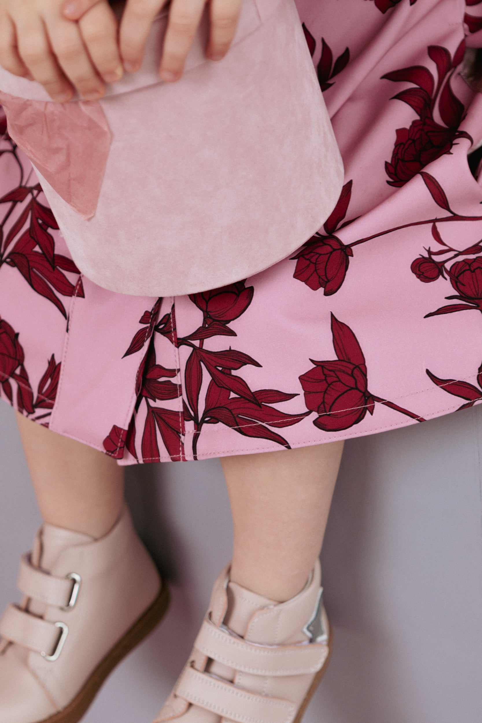 Waterproof Pink Coat for Girl with dark red peony flower print on pink background