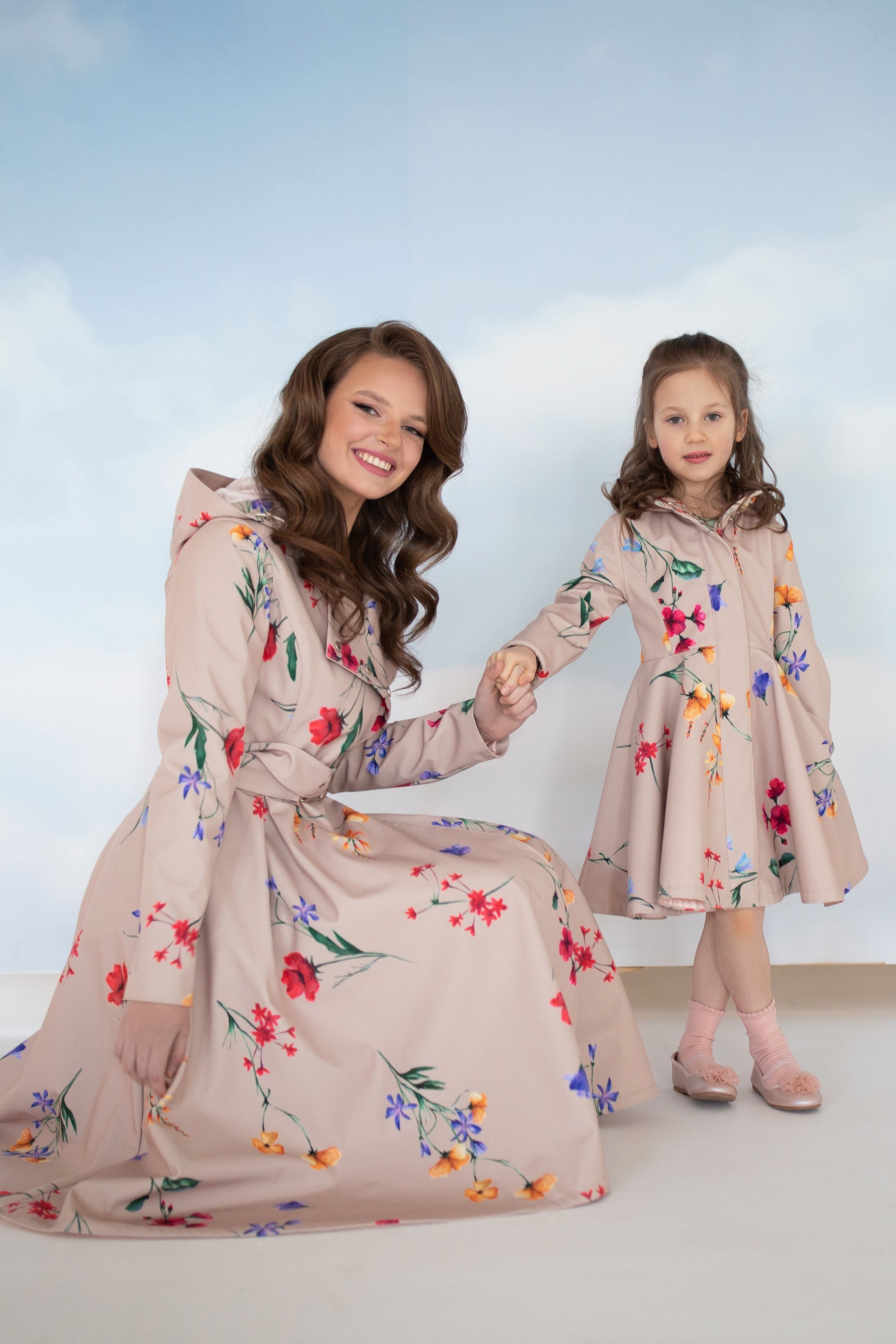 beige mommy and me set with colorful flower print