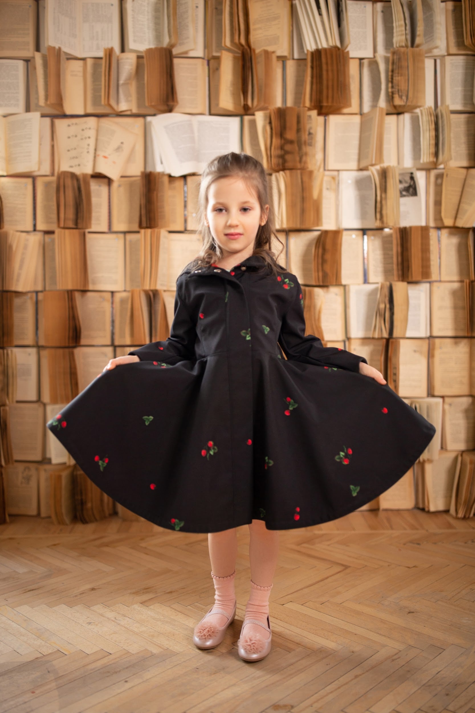 Girls' Black Coat with Red Strawberry Print RainSisters Girls' Black Coat with Red Strawberry Print RainSisters